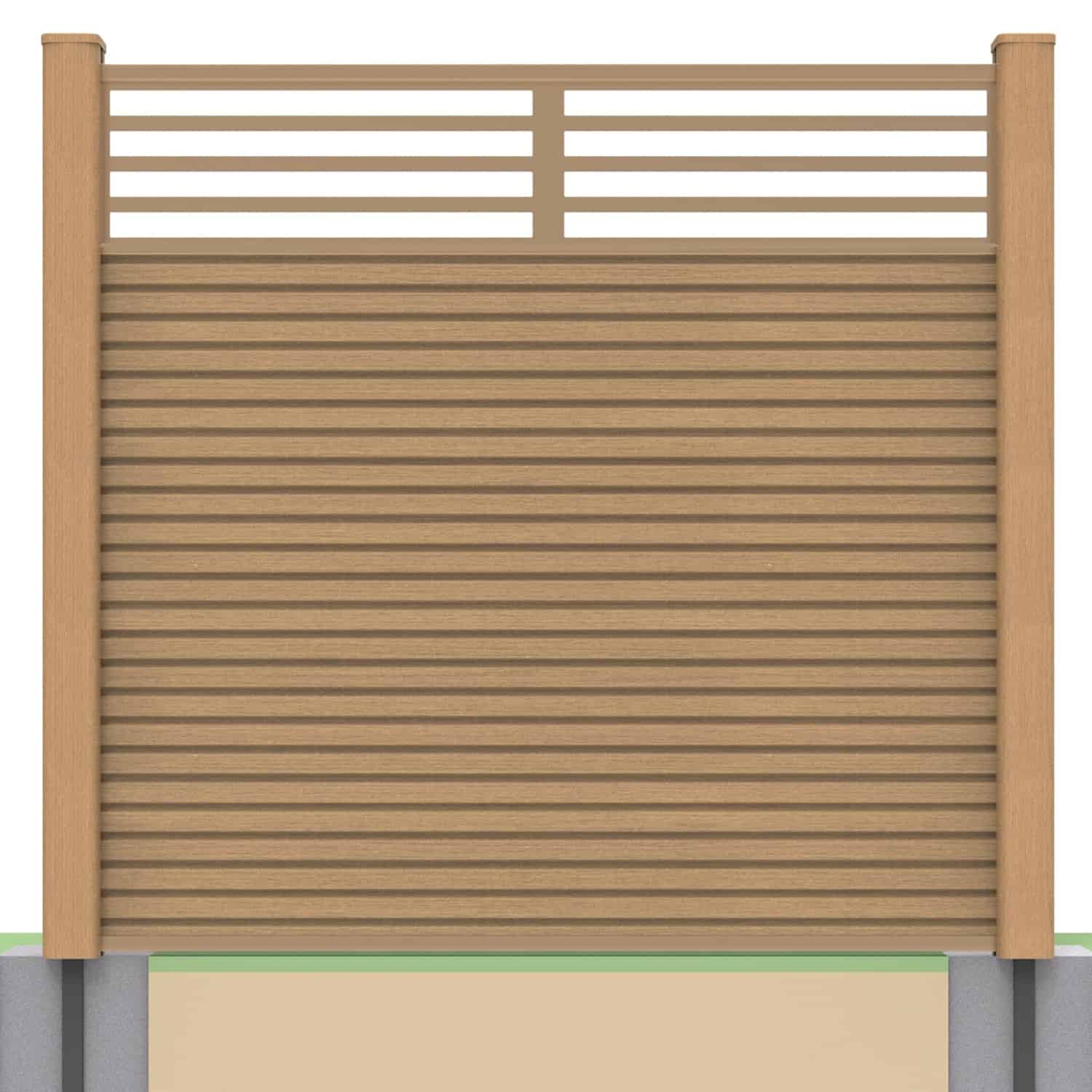 Slatted composite fence panel set - linear design in teak with soft ground post inserts