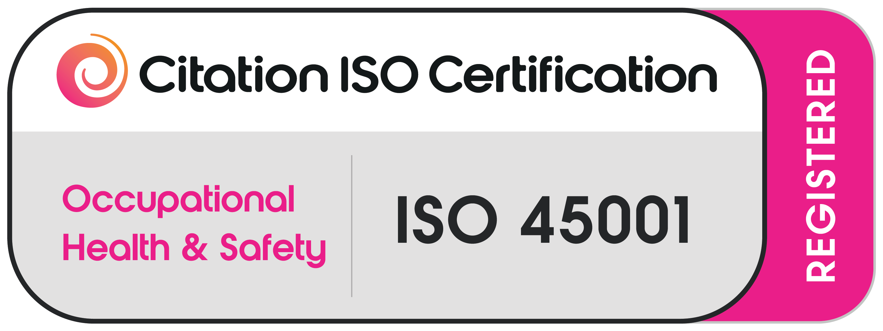 Citation ISO Certification badge for Occupational Health & Safety ISO 45001 with pink and white design