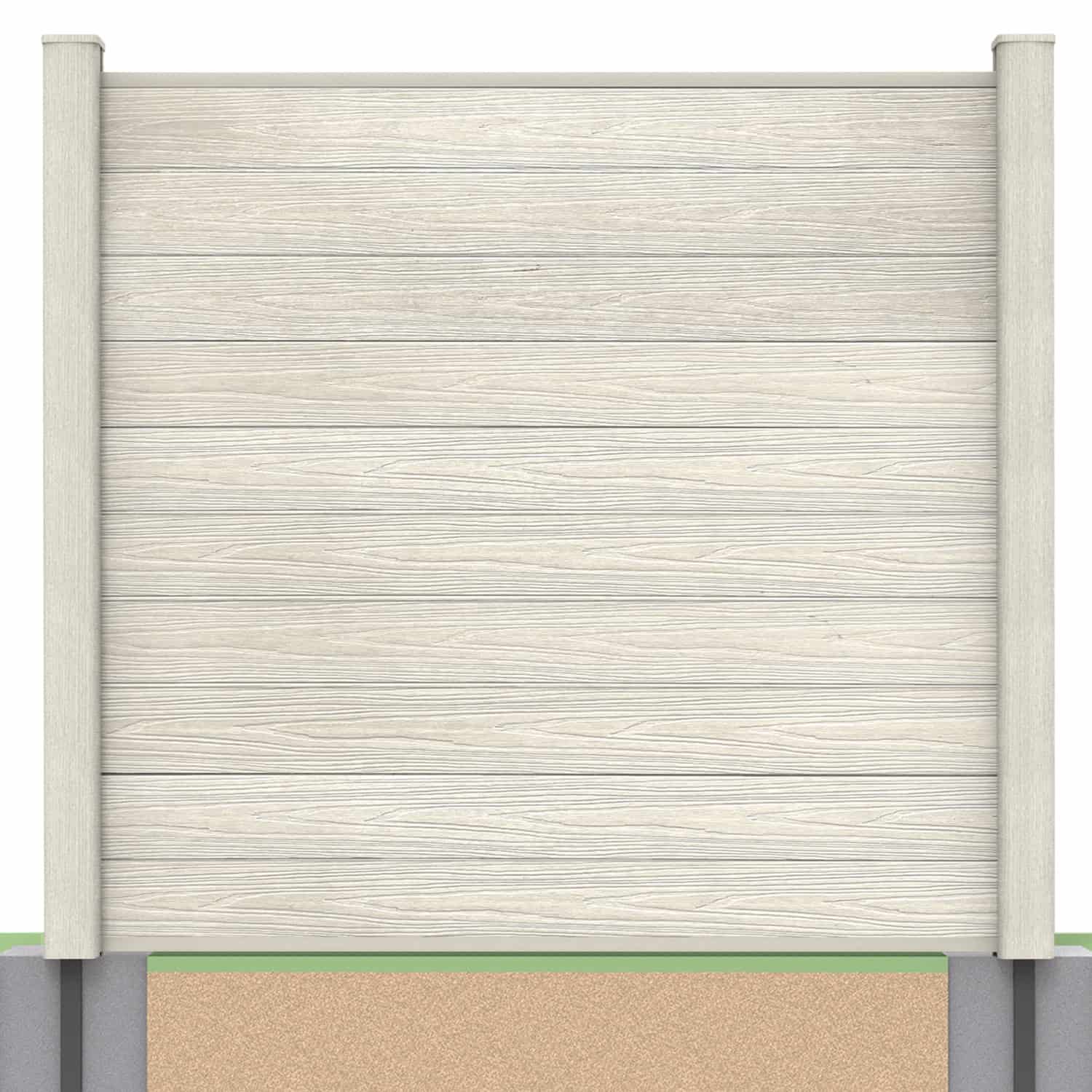 Deluxe composite fence panel set in ash white with soft ground post inserts