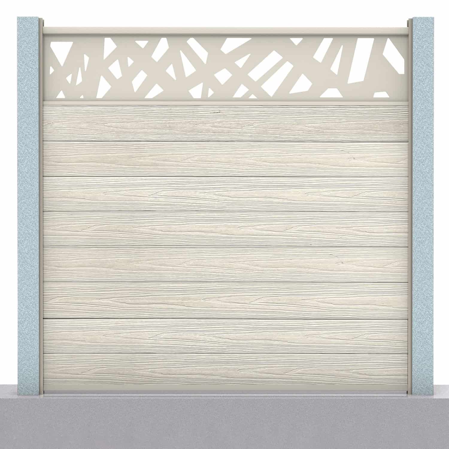 woodgrain textured composite fence boards and fence screen installed with concrete fence posts