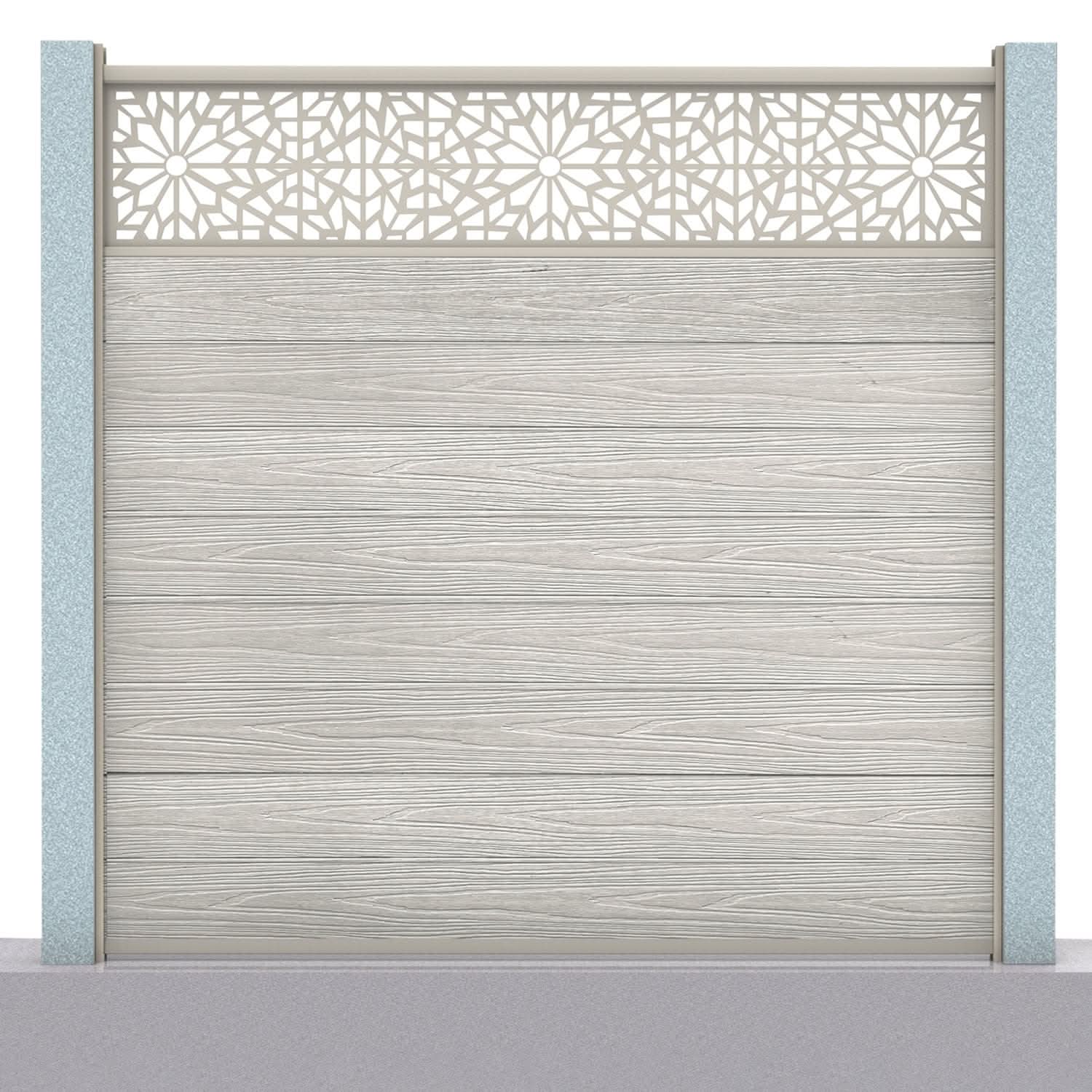 Deluxe composite fence panel set - geometric design in silver birch with concrete post inserts