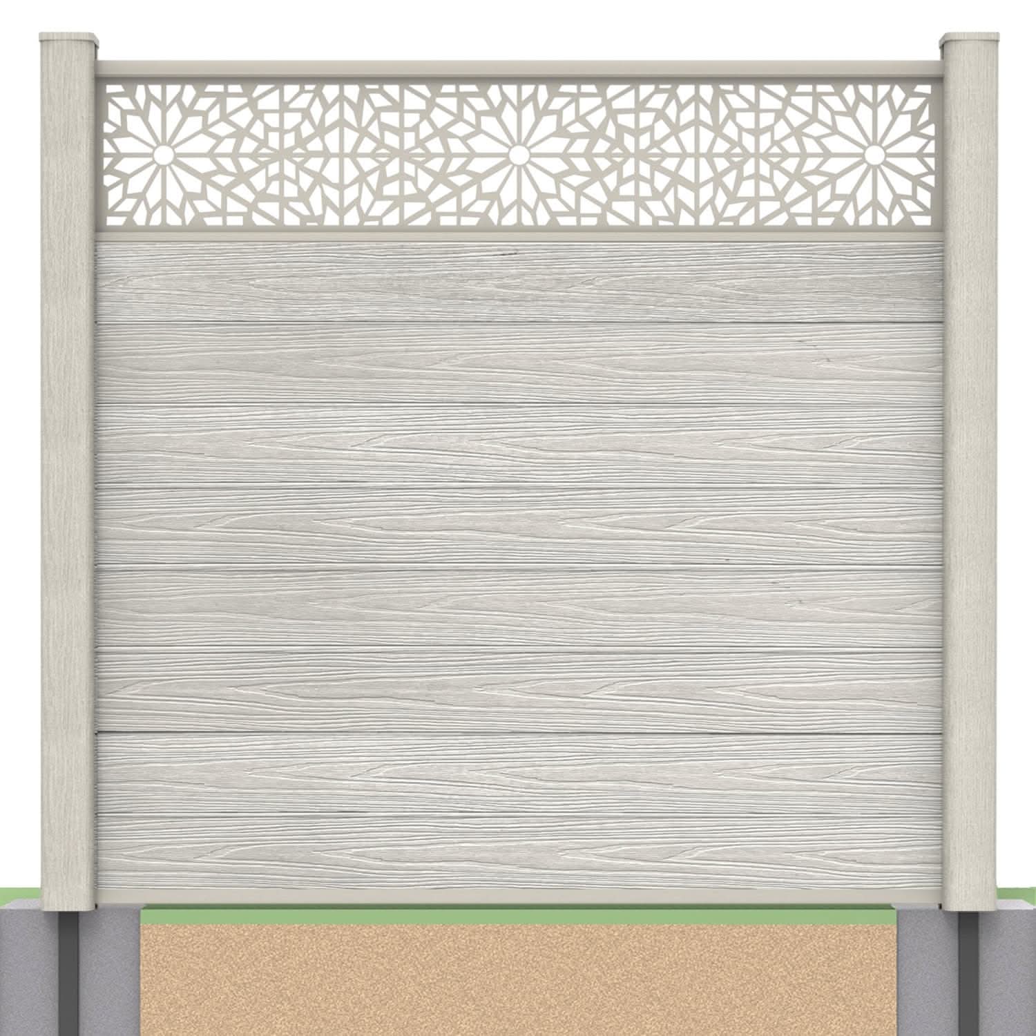 Deluxe composite fence panel set - geometric design in silver birch with soft ground post inserts