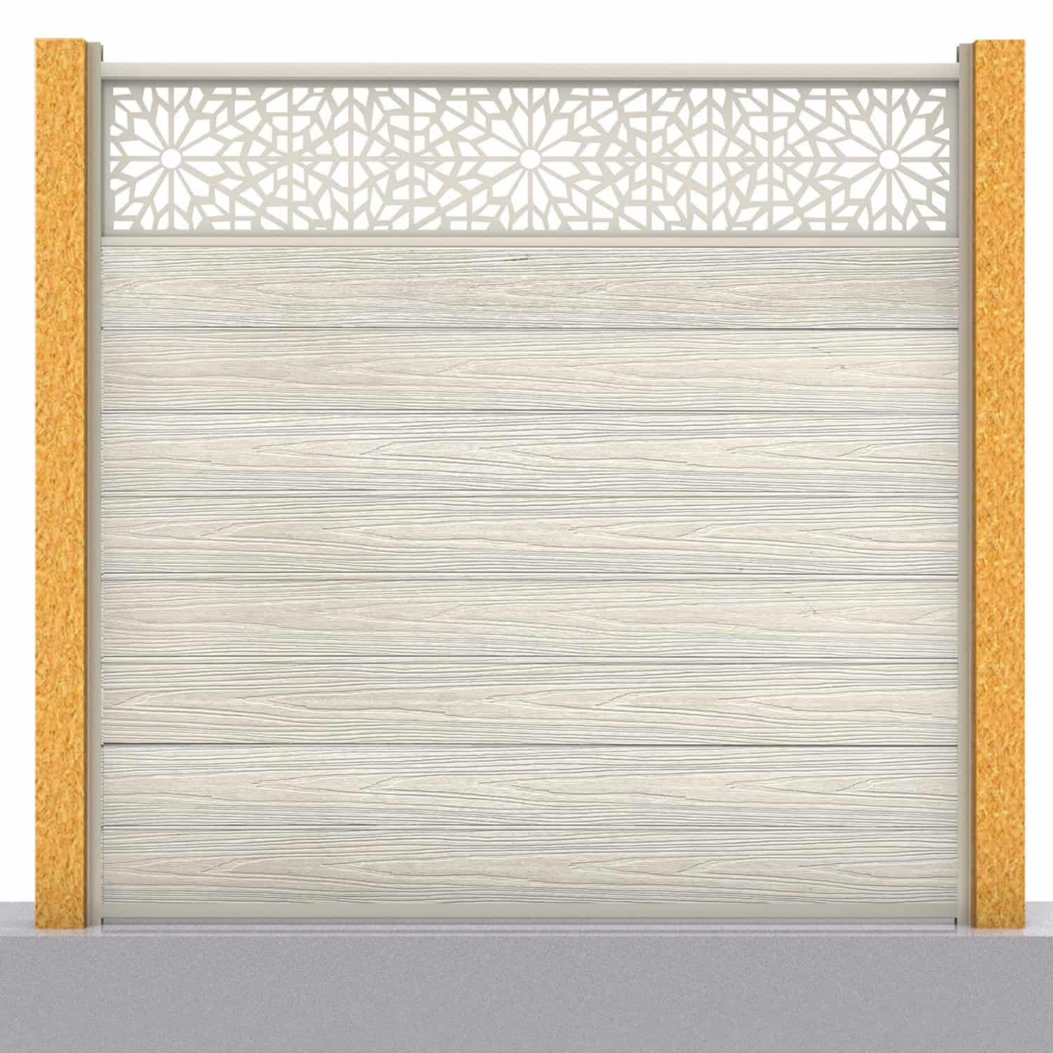 Deluxe composite fence panel set - geometric design in ash white with wooden post inserts