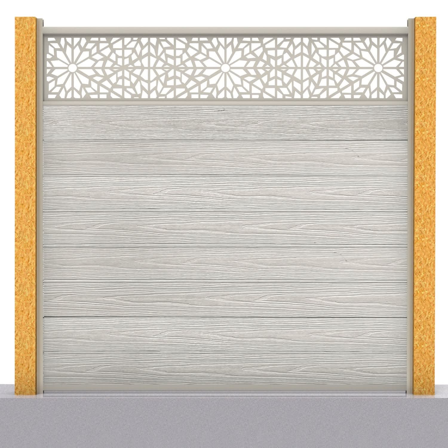 Deluxe composite fence panel set - geometric design in silver birch with wooden post inserts