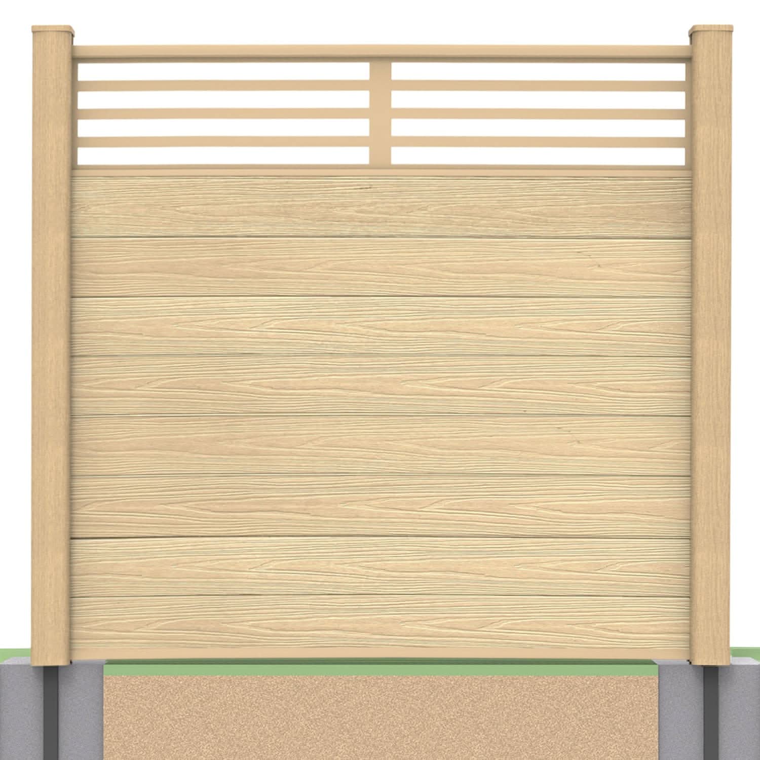 Deluxe composite fence panel set - linear design in oak with soft ground post inserts