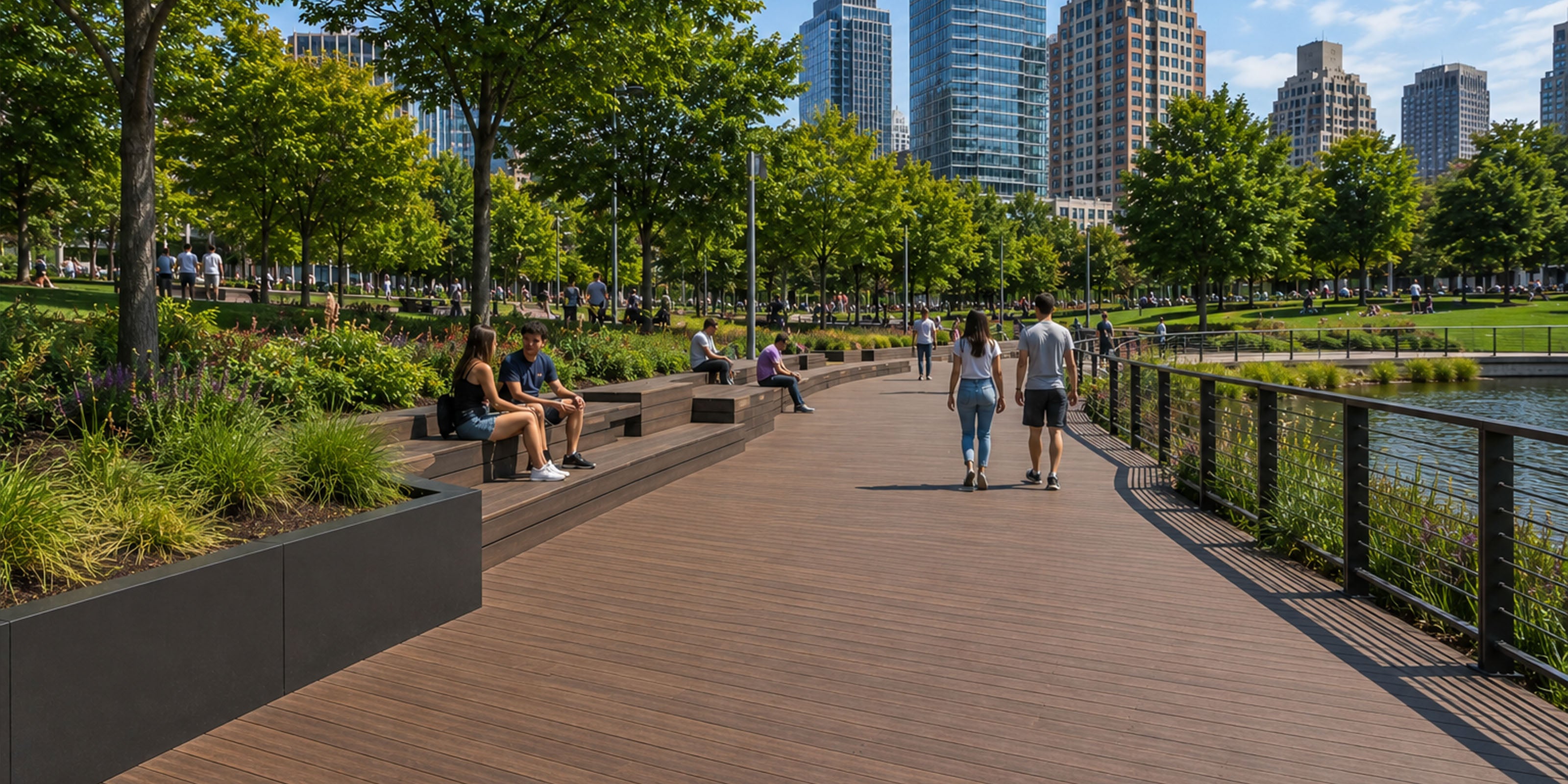 people walking along a busy composite decking path in a park with trees and city skyline in the background