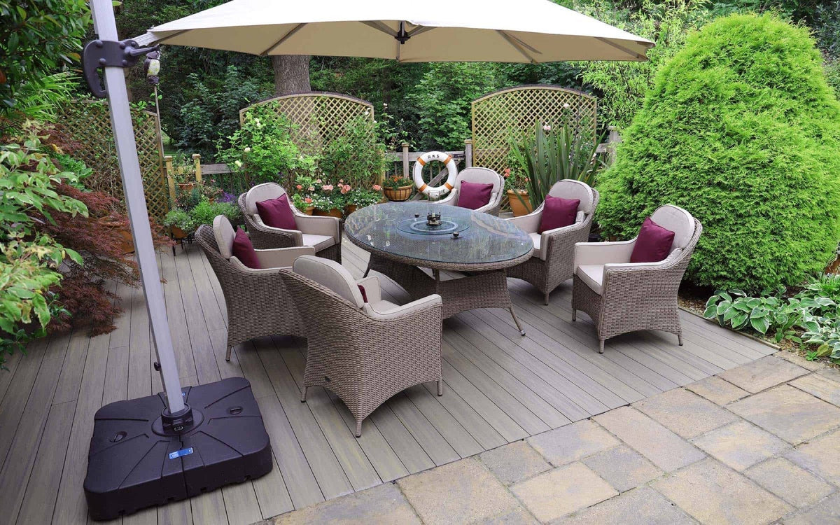 Outdoor furniture on a deck showcasing ideas for choosing the best composite decking.