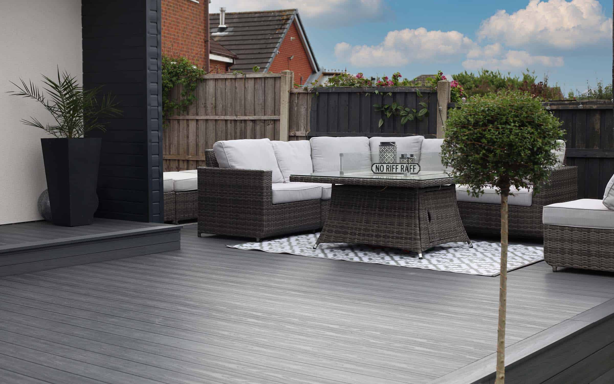 Beautiful decking featuring charcoal composite boards.   