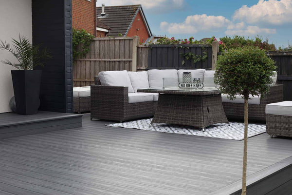 Beautiful decking featuring charcoal composite boards.   