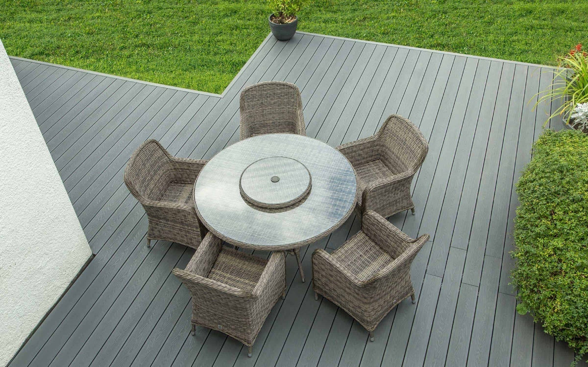 NeoTimber patio decking from above with dining set. 