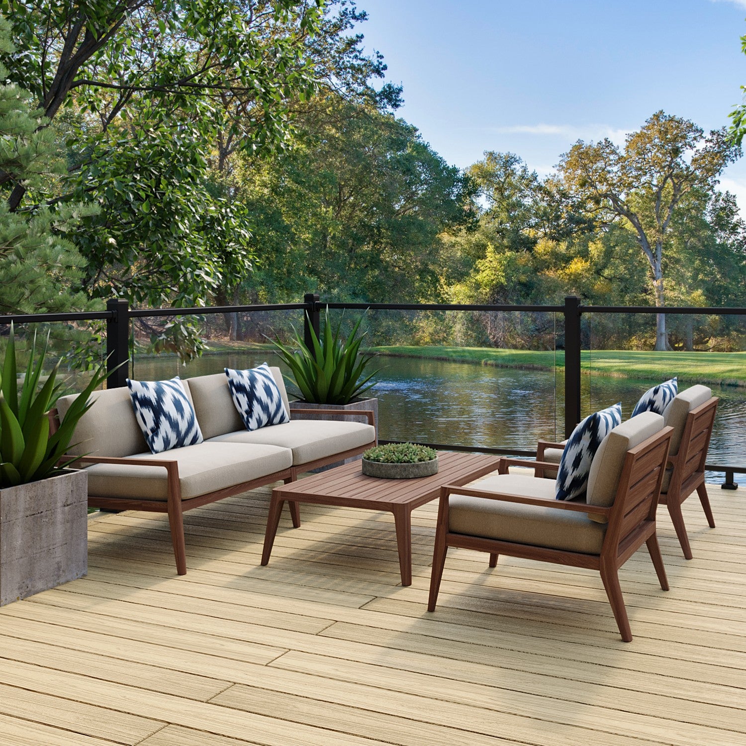 aluminium balustrade glass railing - outdoor patio set with furniture and decor on a composite deck by a transparent glass balustrade