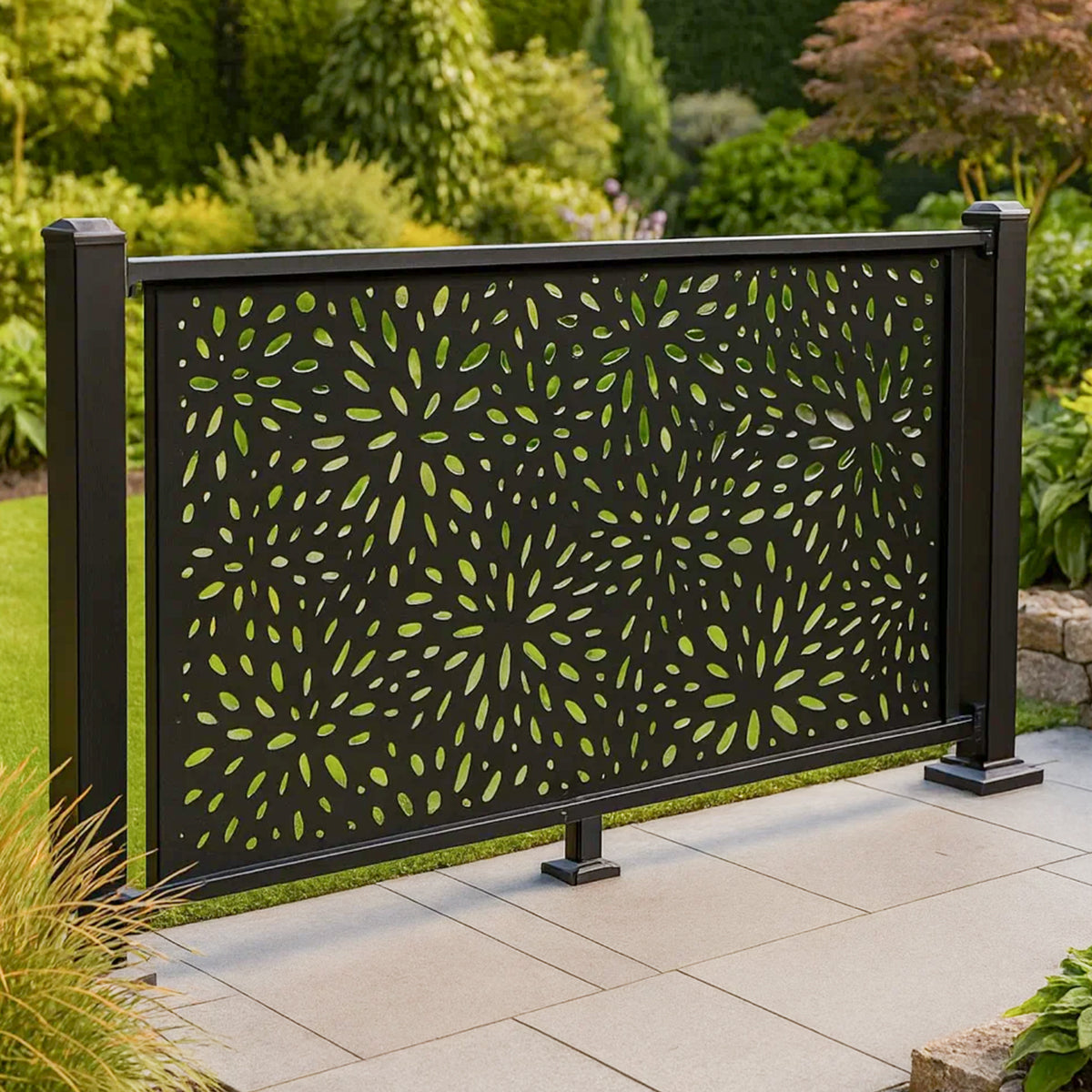 decorative garden balustrade screen with leaf pattern in a garden setting