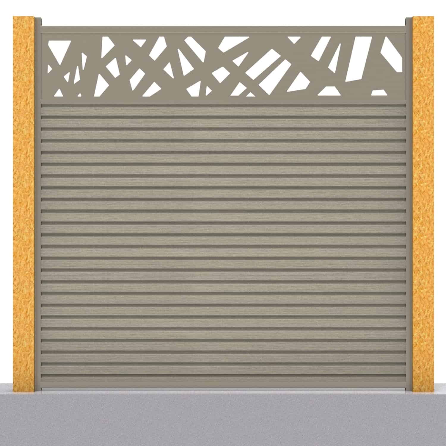 Slatted composite fence panel set - contemporary design in antique with wooden post inserts