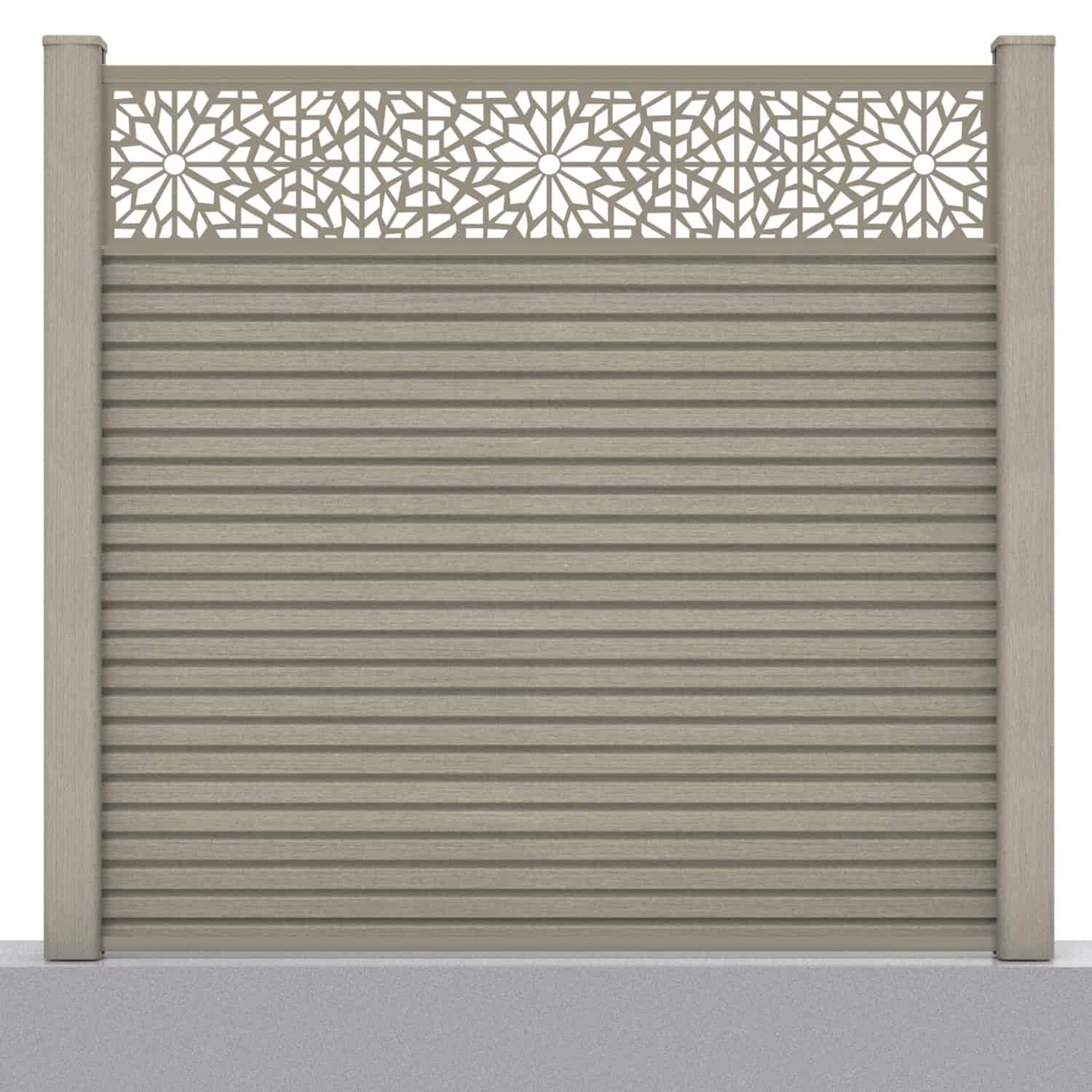 Slatted composite fence panel set - geometric design in antique with hard ground post inserts