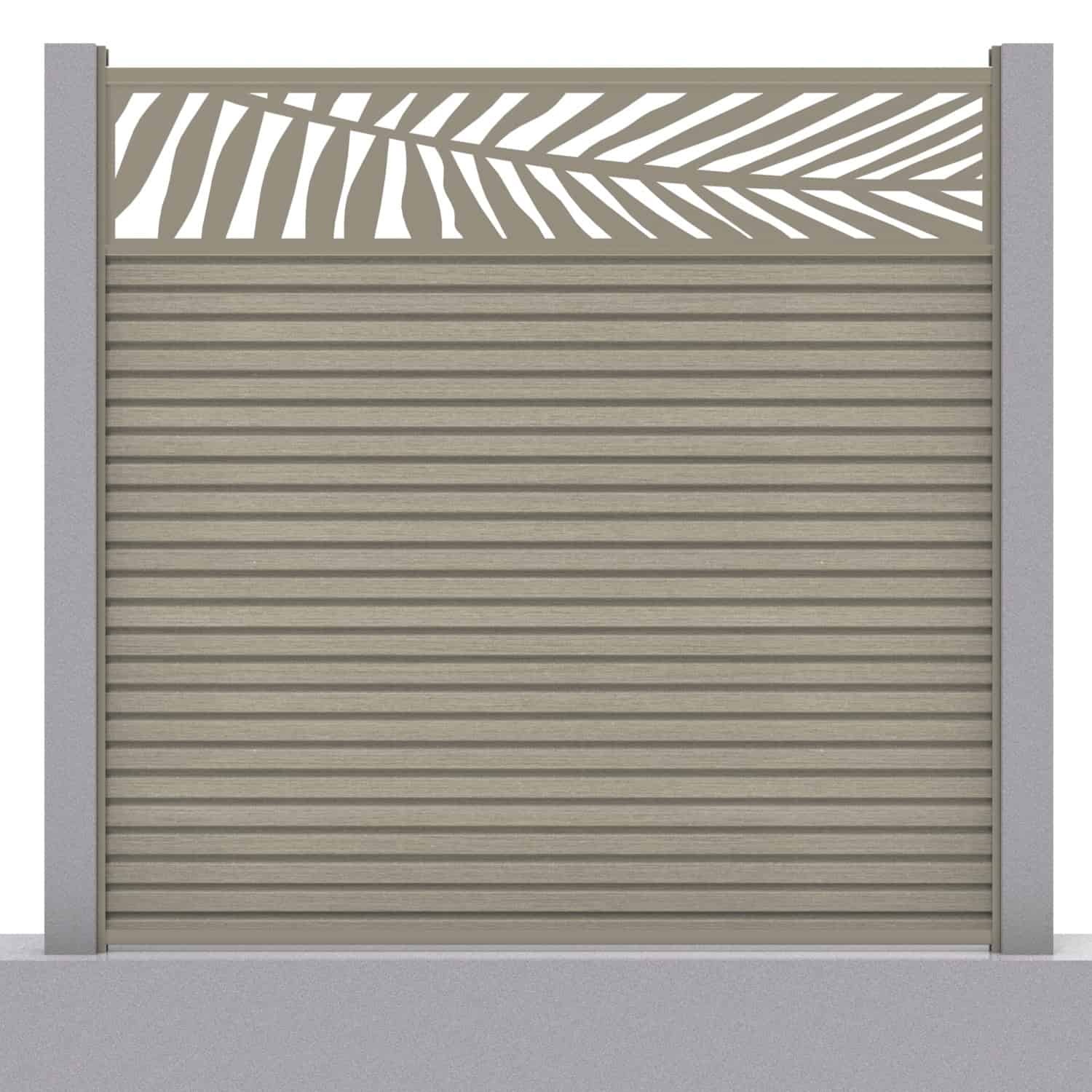 Slatted composite fence panel set - leaf design in antique with concrete post inserts