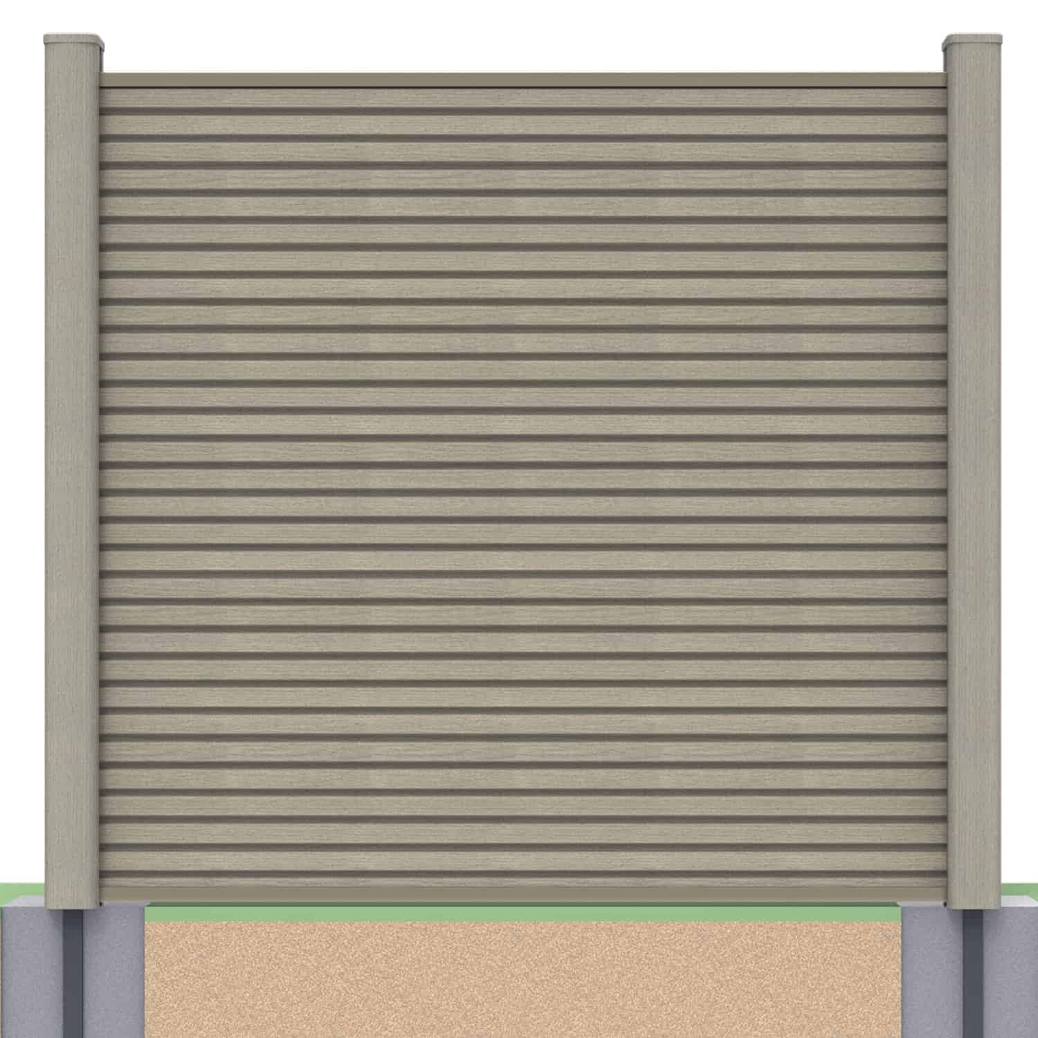 Slatted composite fence panel set in antique with soft ground post inserts