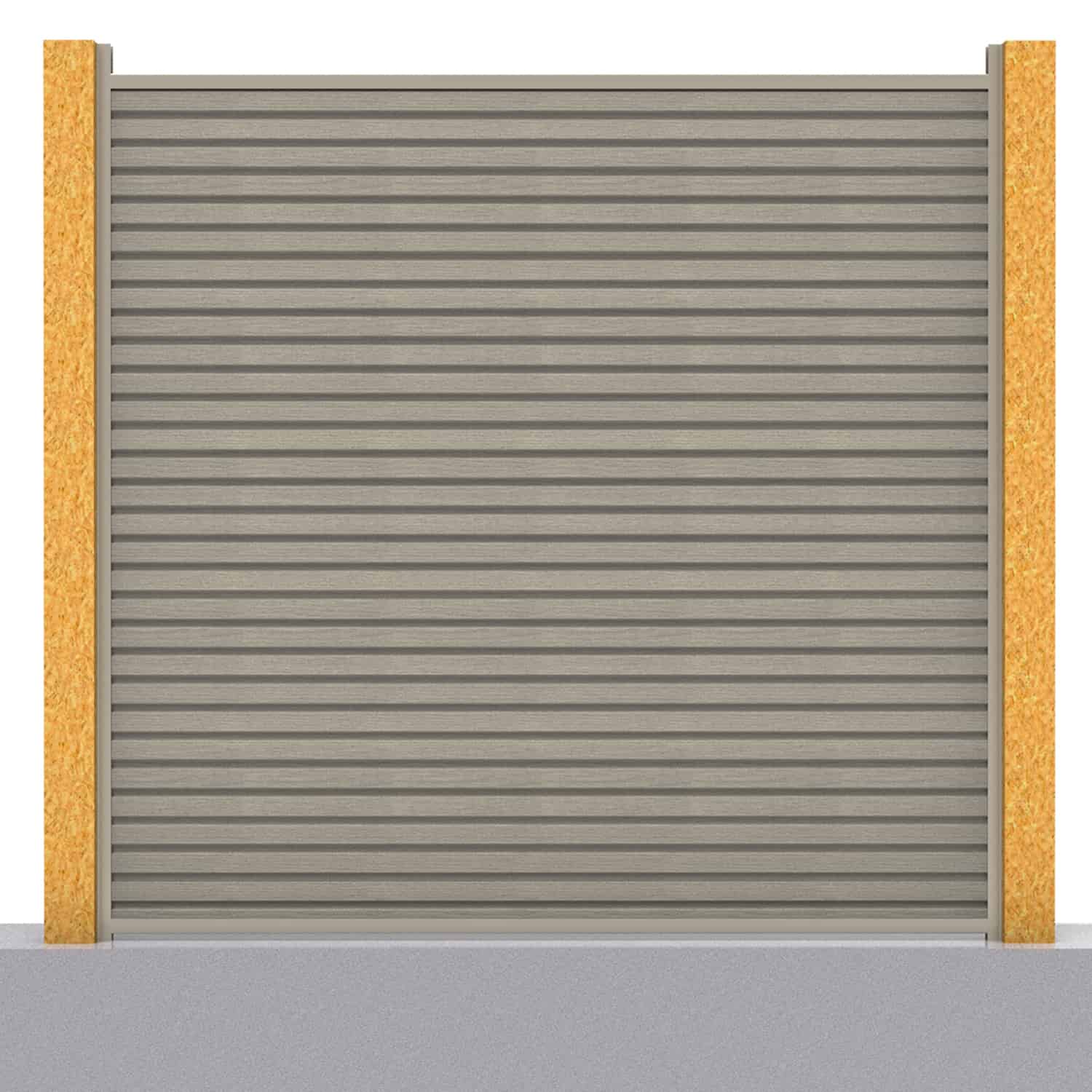 Slatted composite fence panel set in antique with wooden post inserts