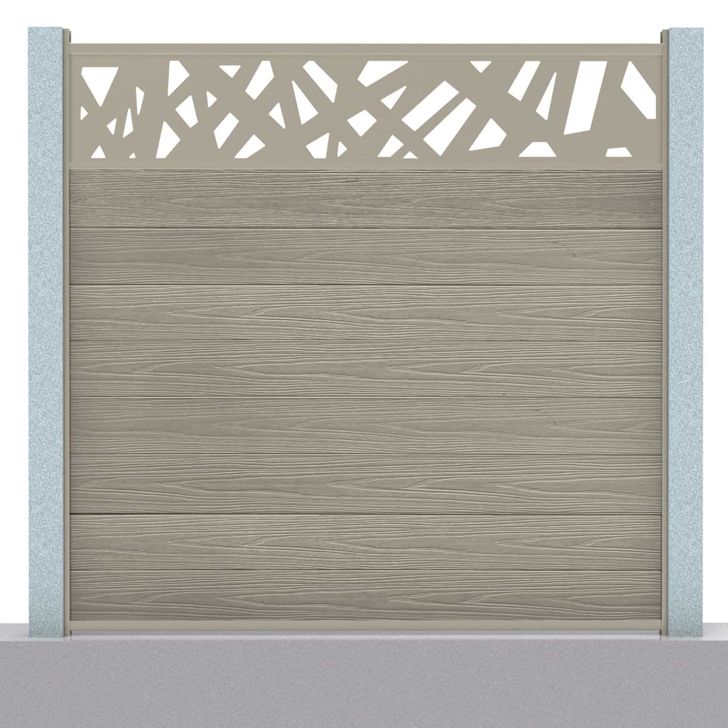 antique woodgrain composite fence boards and fence screen installed with concrete fence posts