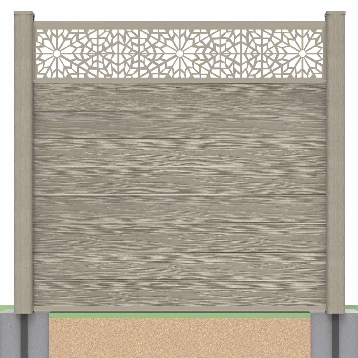 Deluxe composite fence panel set - geometric design in antique with soft ground post inserts