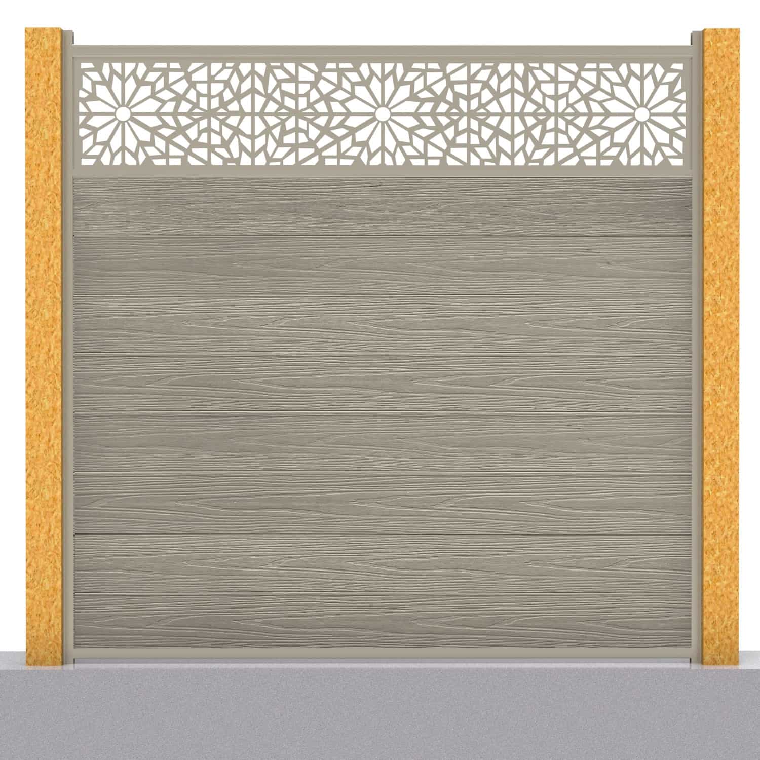 Deluxe composite fence panel set - geometric design in antique with wooden post inserts