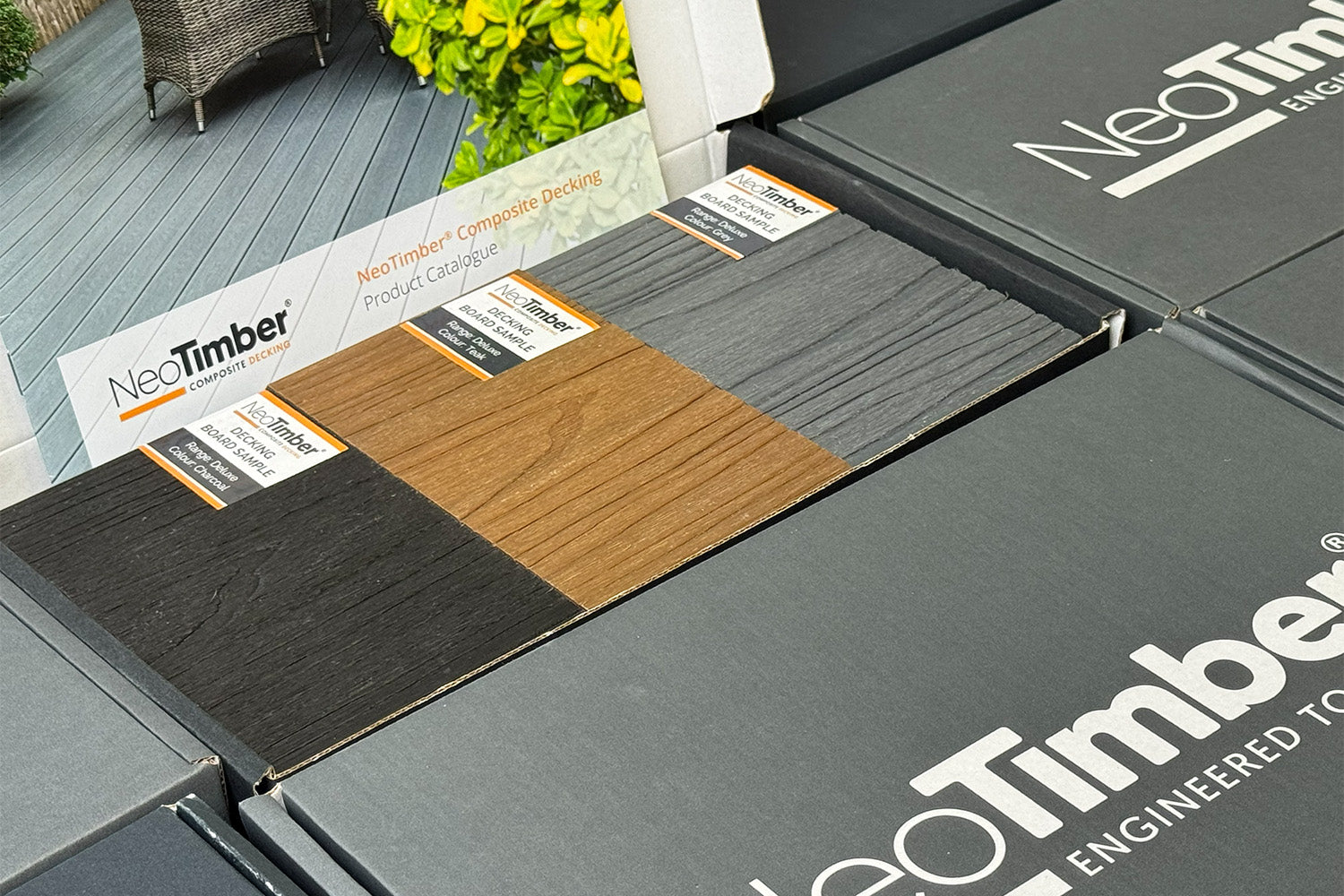 neotimber decking samples, brochure and packaging
