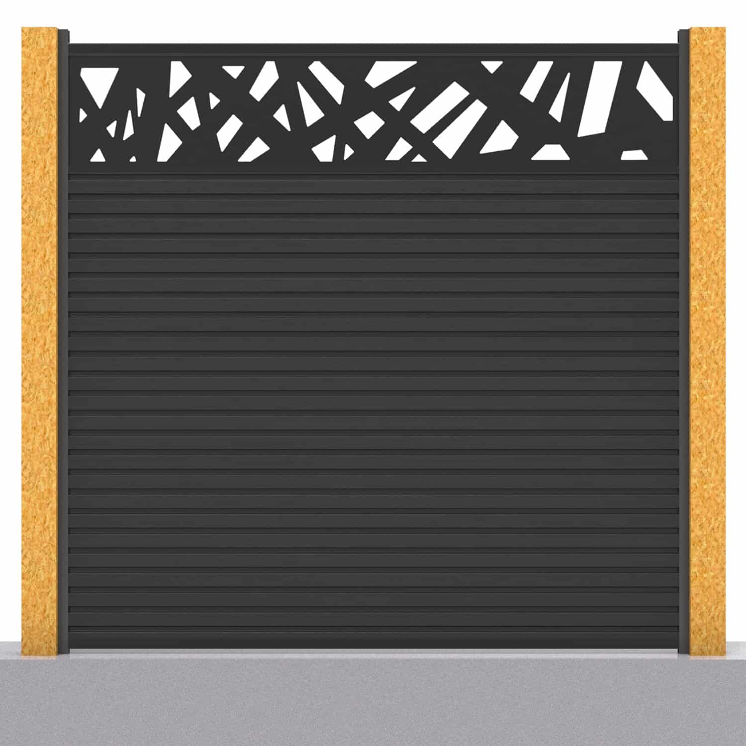 Slatted composite fence panel set - contemporary design in charcoal with wooden post inserts