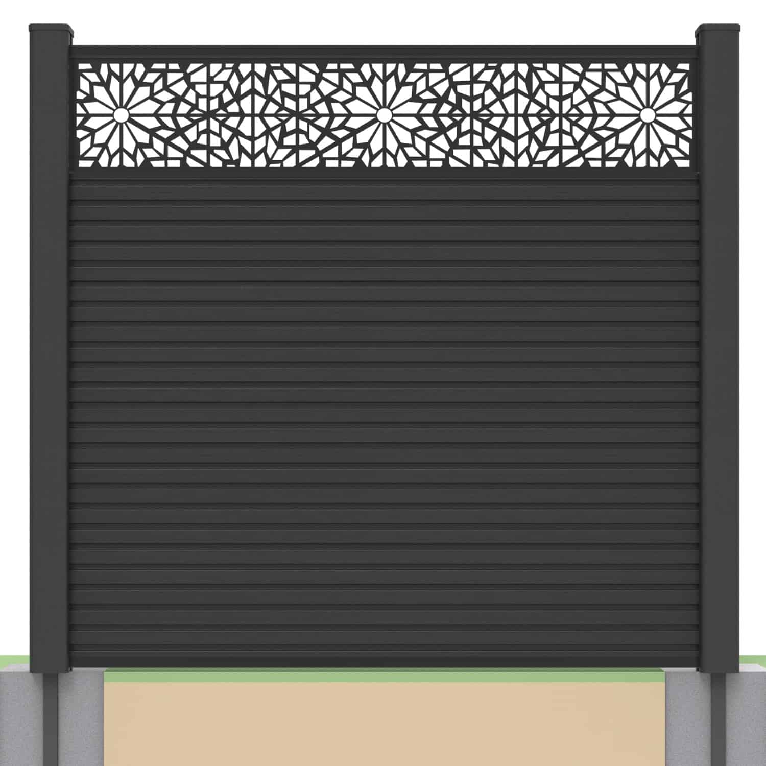 Slatted composite fence panel set - geometric design in charcoal with soft ground post inserts