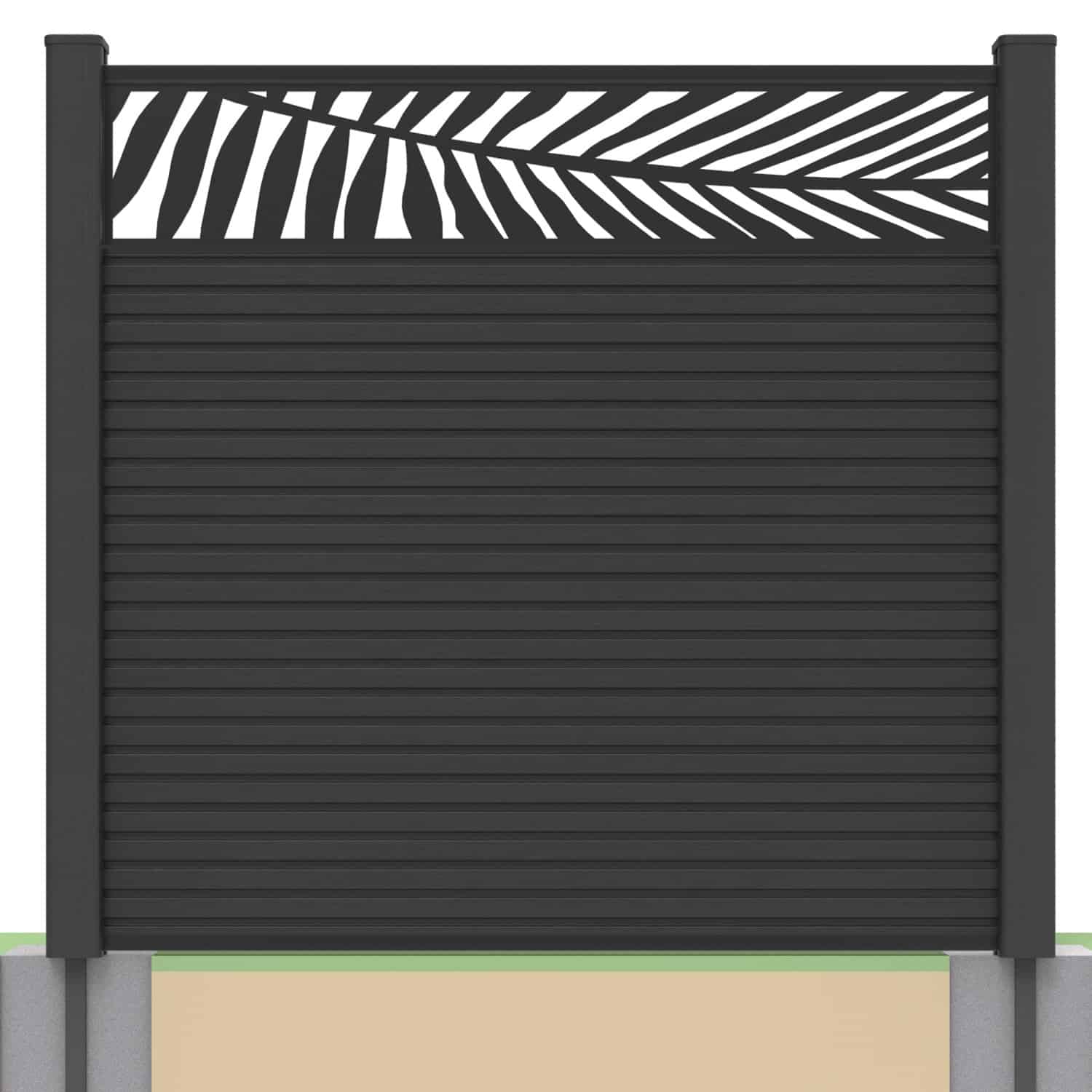 Slatted composite fence panel set - leaf design in charcoal with soft ground post inserts