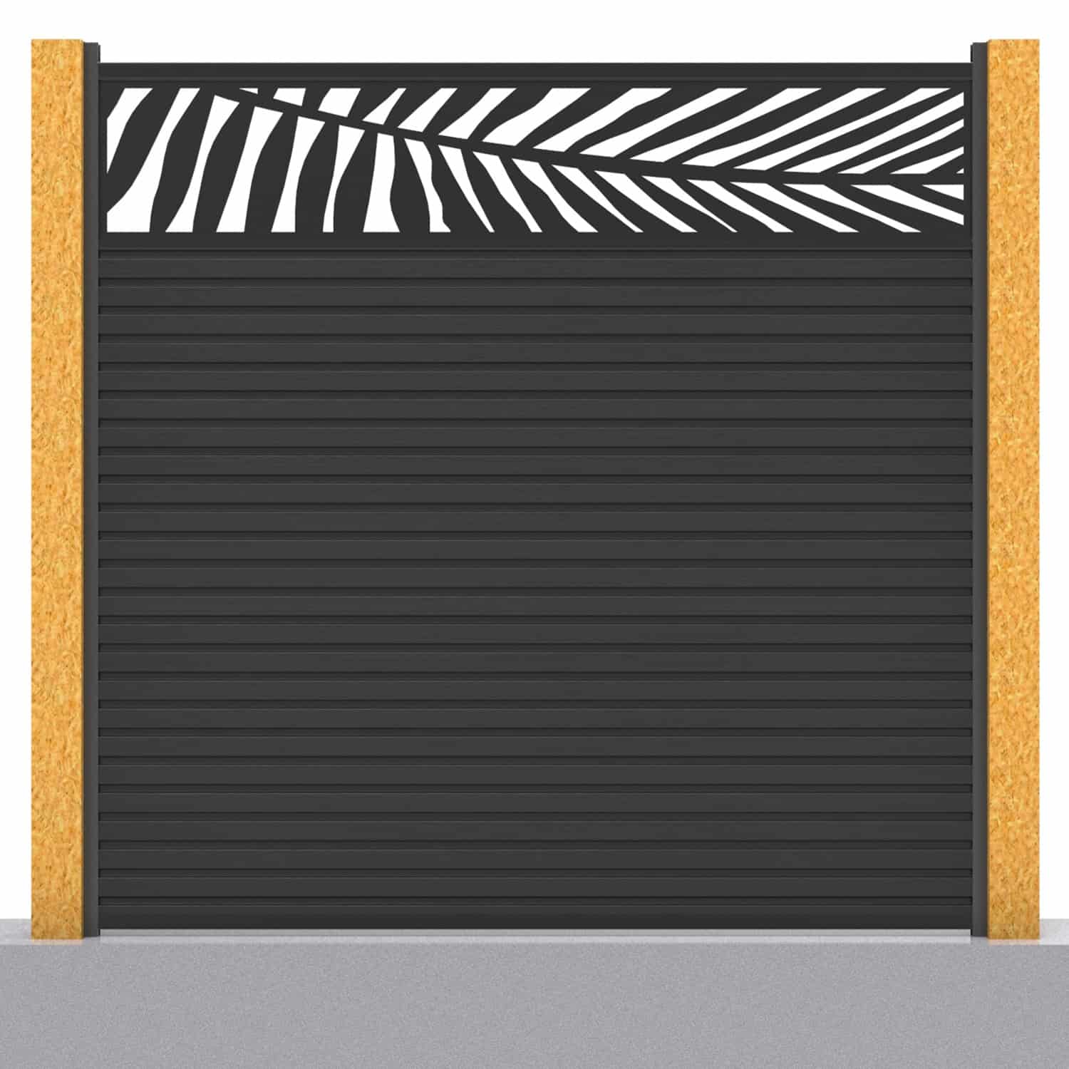 Slatted composite fence panel set - leaf design in charcoal with wooden post inserts