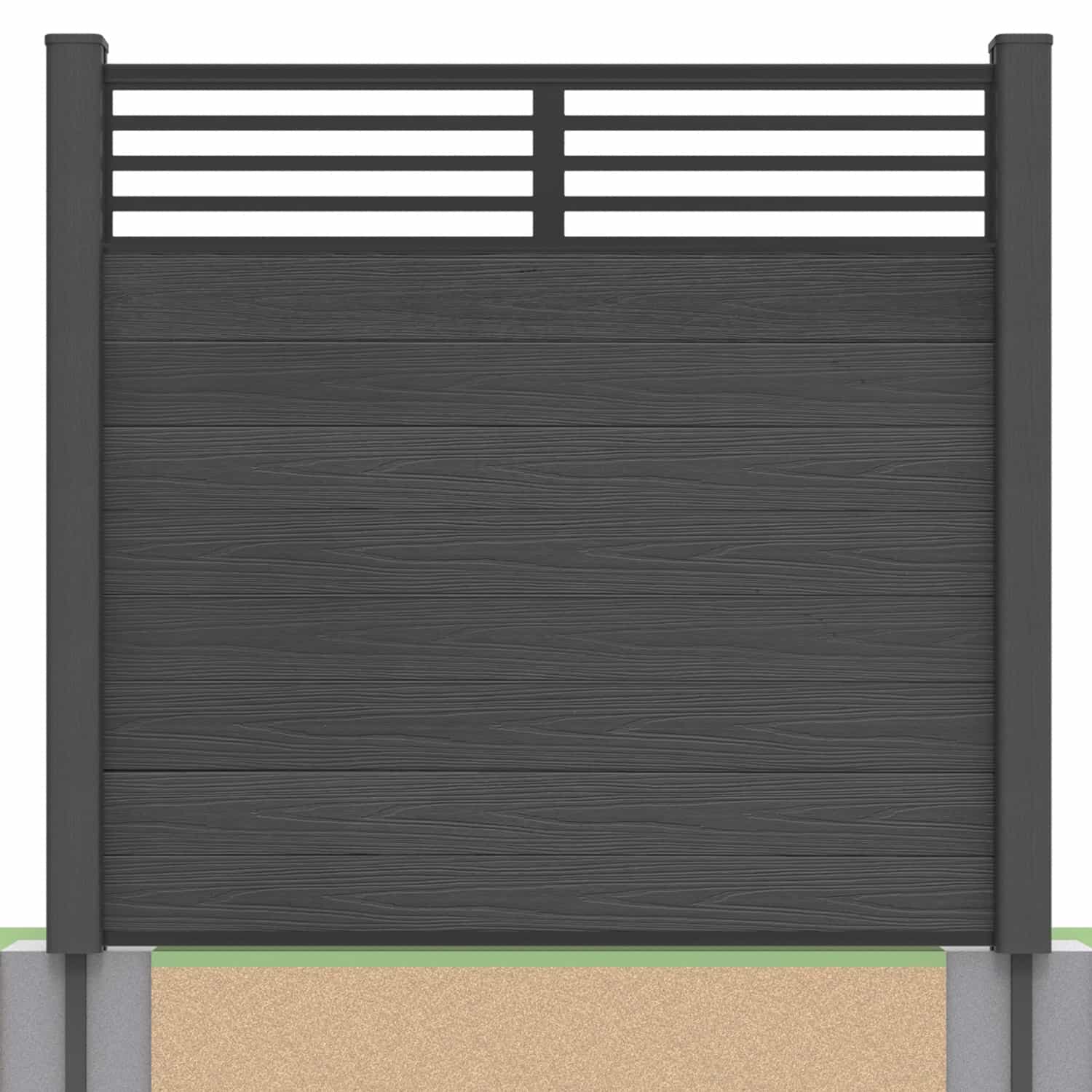 Deluxe composite fence panel set - linear design in charcoal with soft ground post inserts