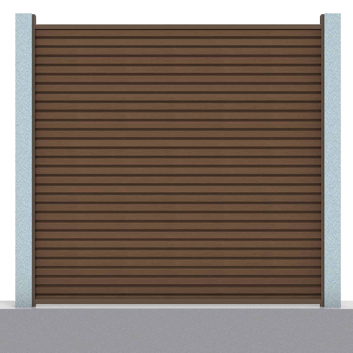 Slatted composite fence panel set in chocolate with concrete post inserts
