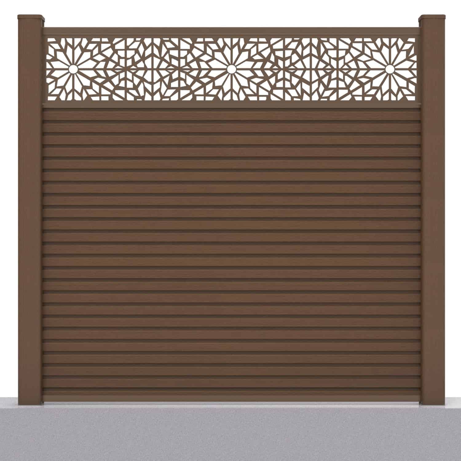 Slatted composite fence panel set - geometric design in chocolate with hard ground post inserts