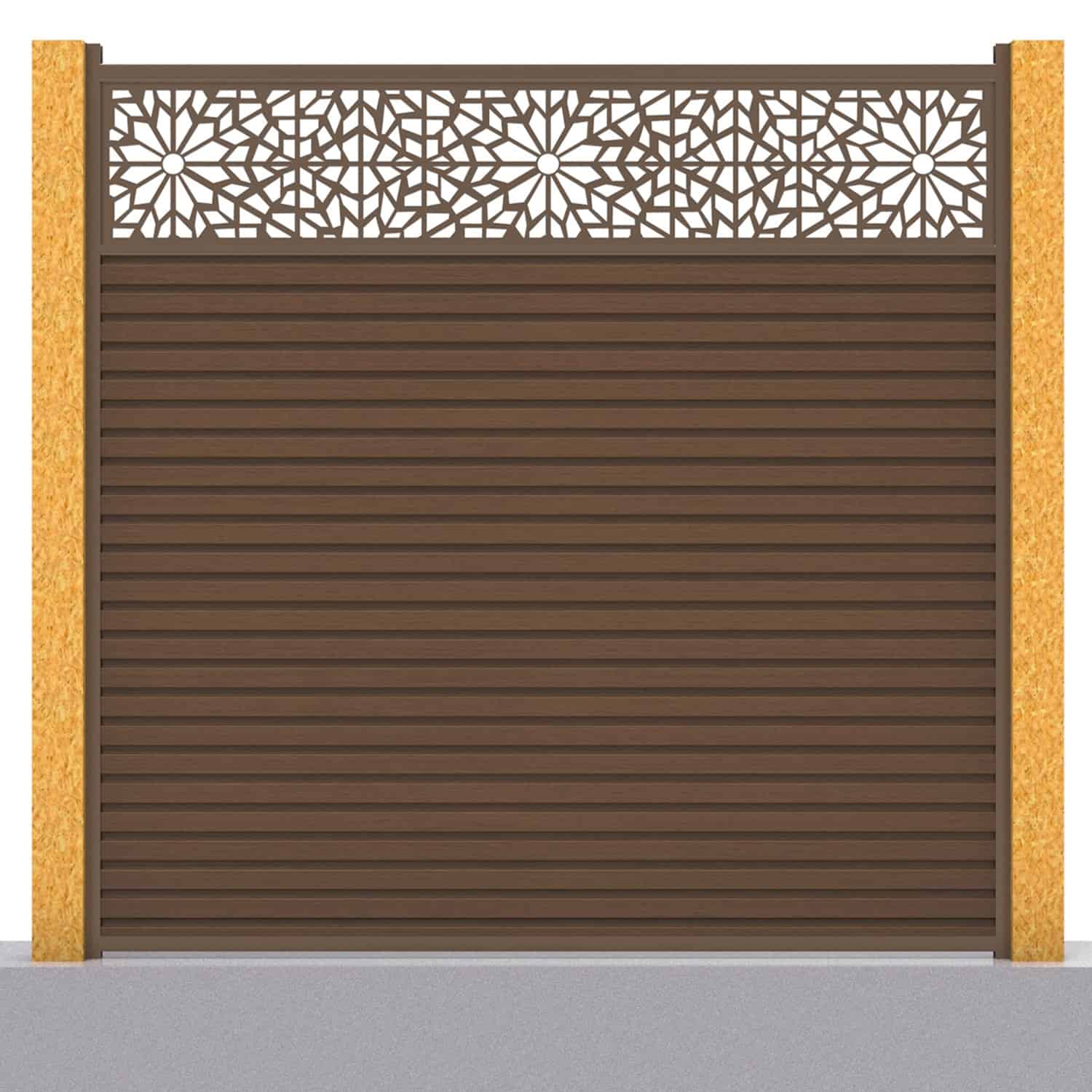 Slatted composite fence panel set - geometric design in chocolate with wooden post inserts
