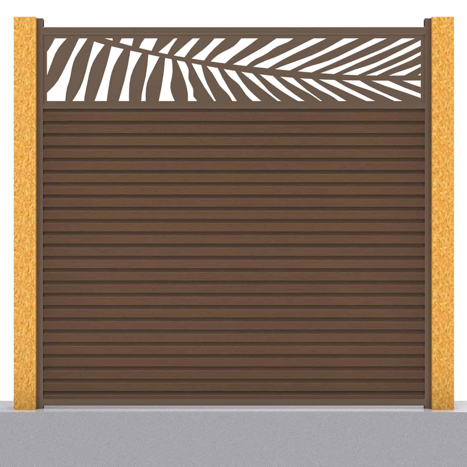 Slatted composite fence panel set - leaf design in chocolate with wooden post inserts