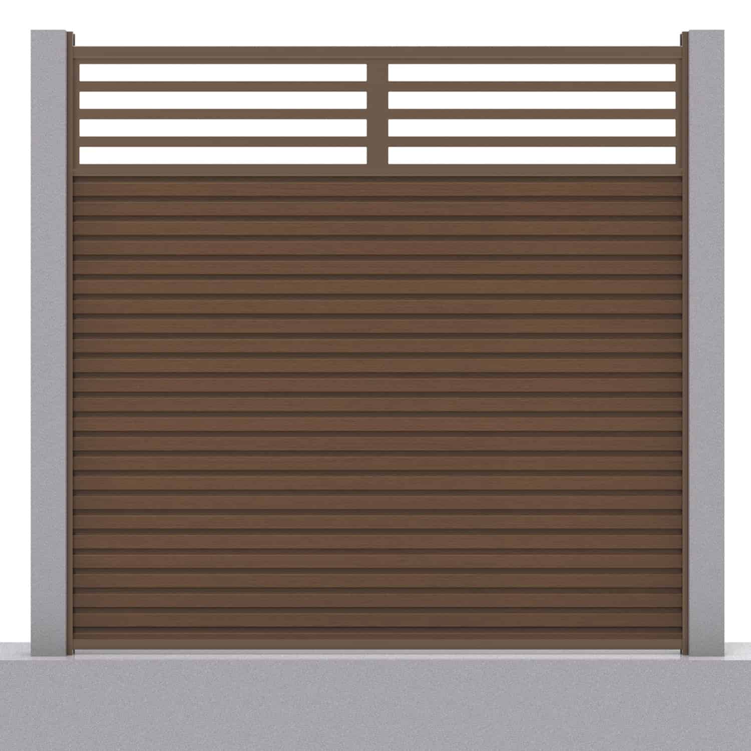 Slatted composite fence panel set - linear design in chocolate with concrete post inserts
