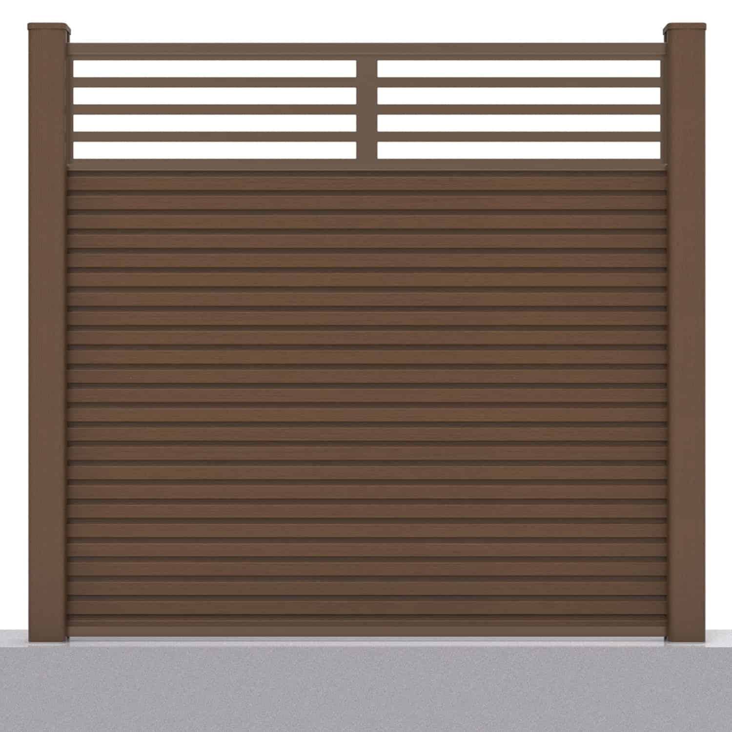 Slatted composite fence panel set - linear design in chocolate with hard ground post inserts