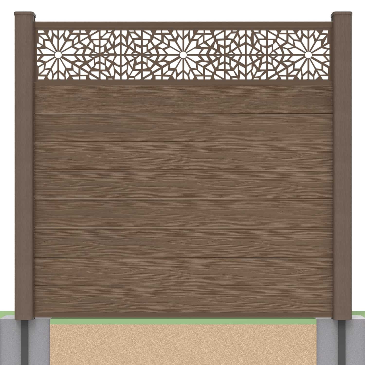 Deluxe composite fence panel set - geometric design in chocolate with soft ground post inserts