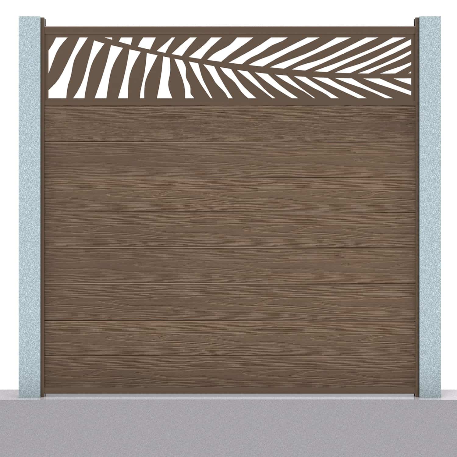 Deluxe composite fence panel set - leaf design in chocolate with concrete post inserts