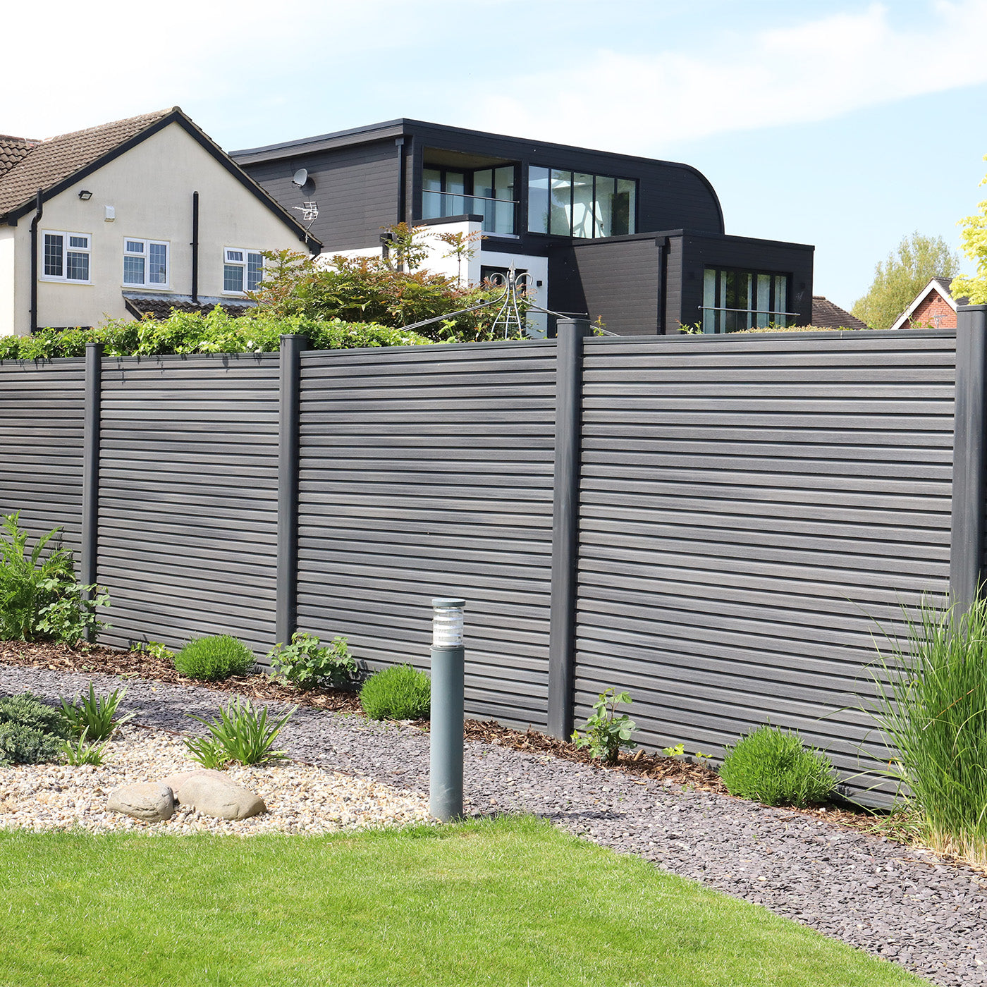 modular grey composite fence with a modern house in the background