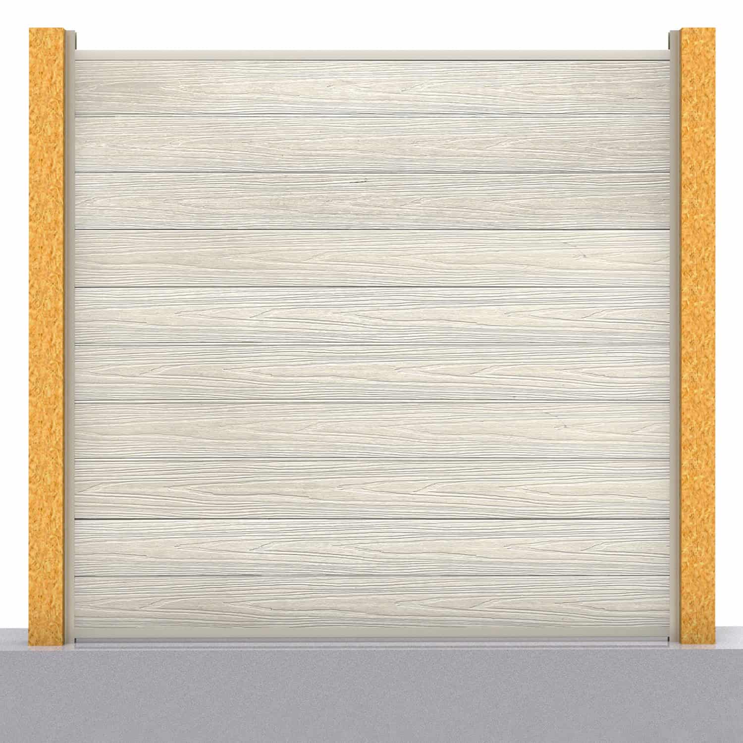 Deluxe composite fence panel set in ash white with wooden post inserts