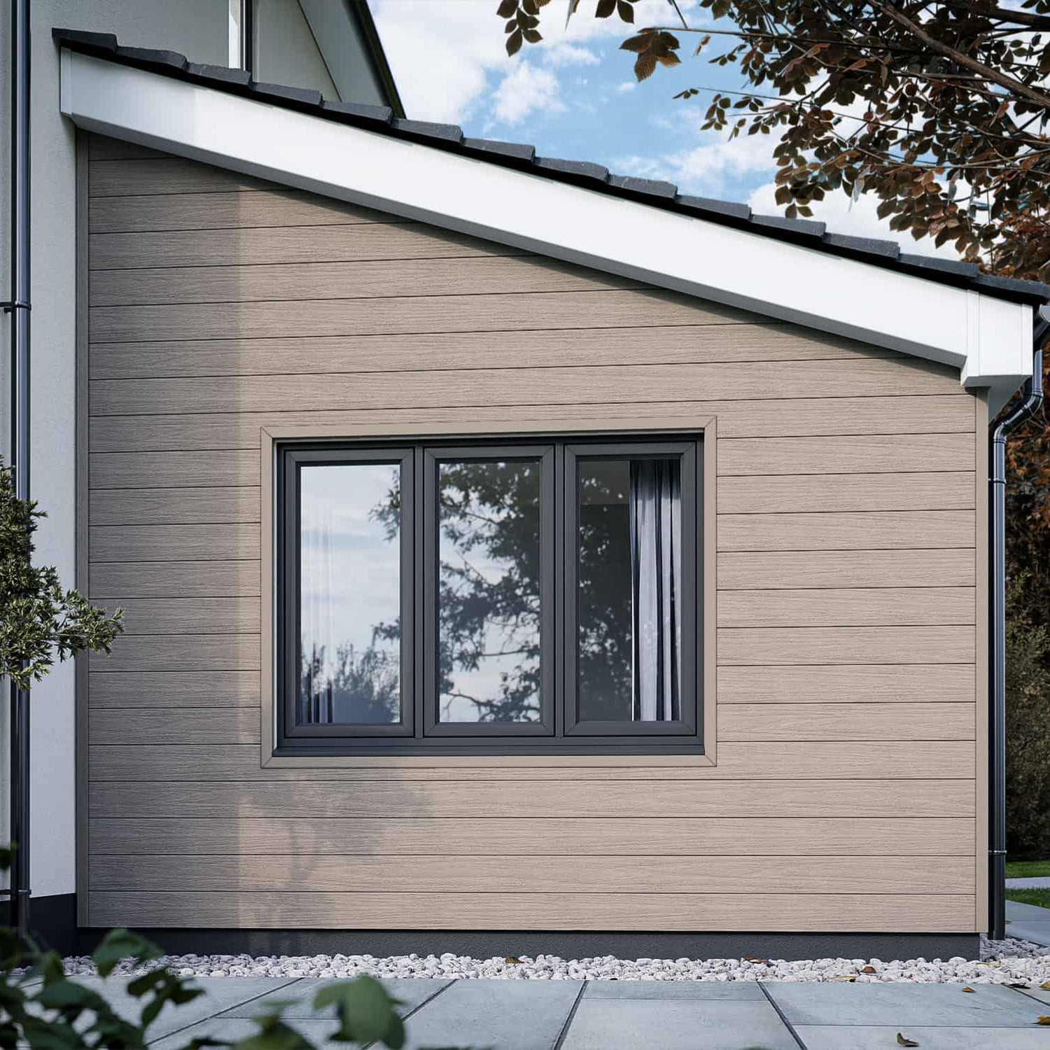NeoTimber Deluxe Brushed Silver Birch Composite Cladding – Completed Installation