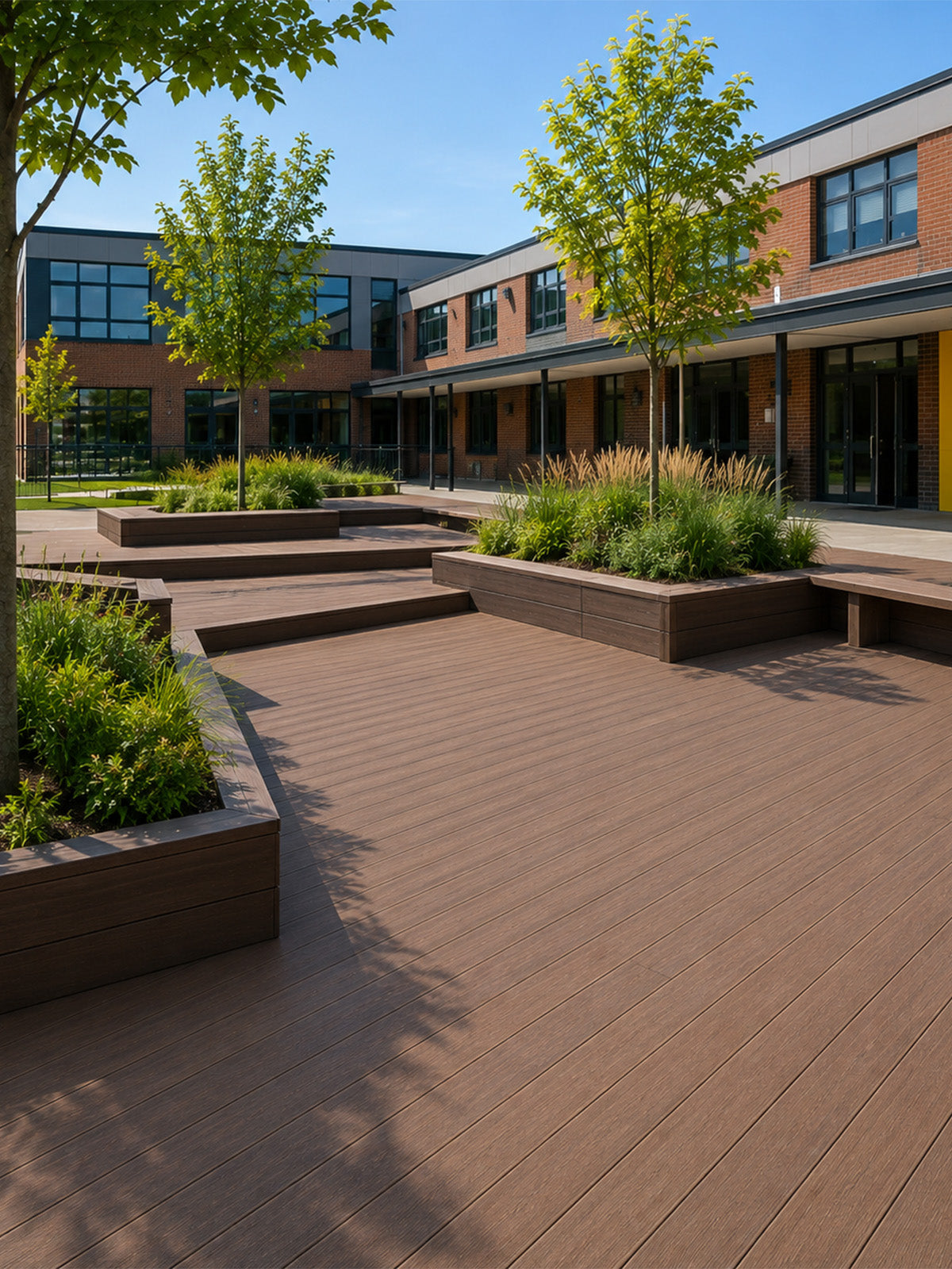 outdoor campus courtyard with composite deck, trees, and building in the background