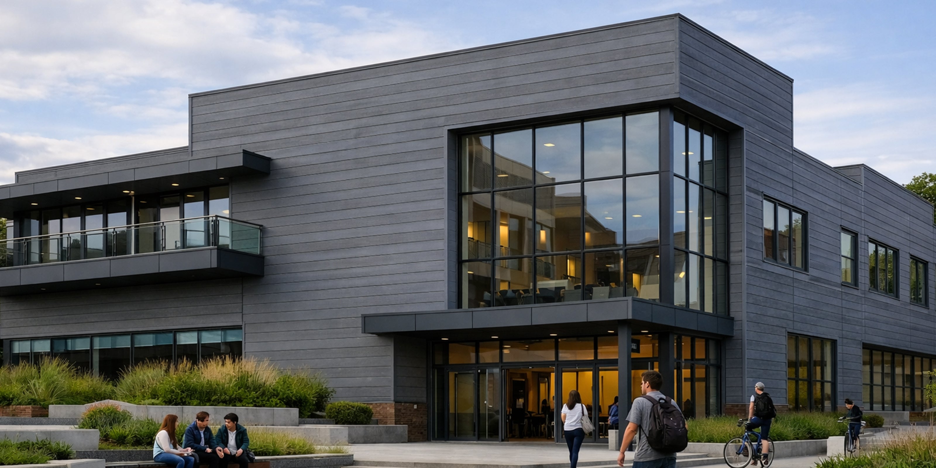 Modern Commercial Building Featuring Composite Cladding, Glass Facade And Pedestrian Area