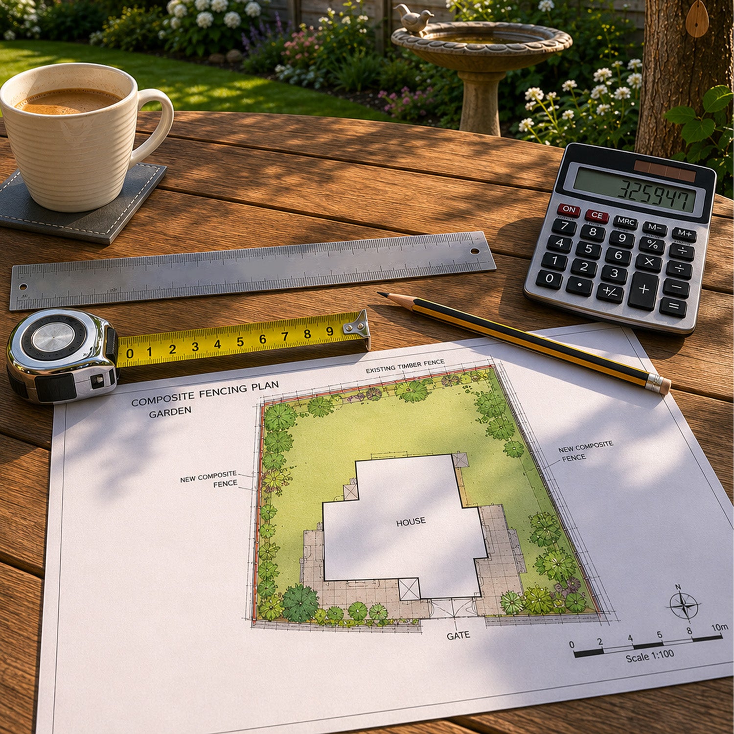 garden planning on paper with a calculator, cup of coffee, ruler, and pencil on a wooden table