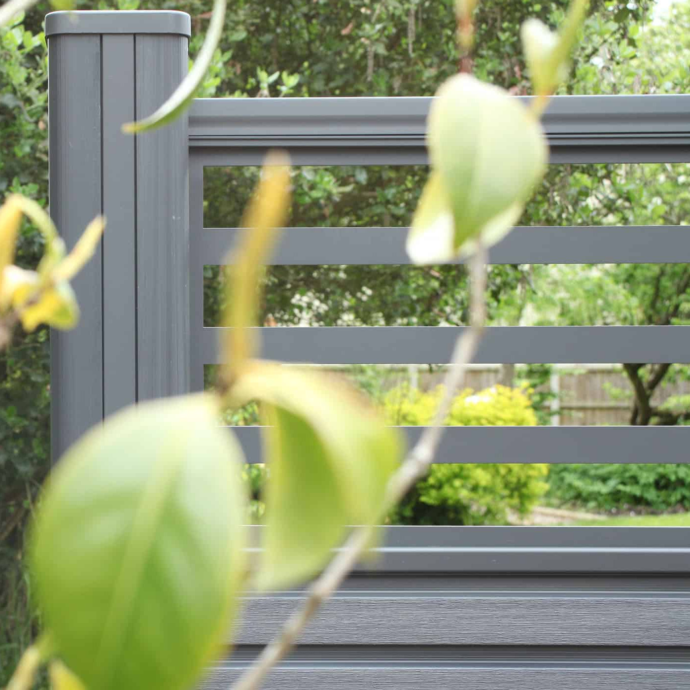 grey composite fence with green leaves in the foreground