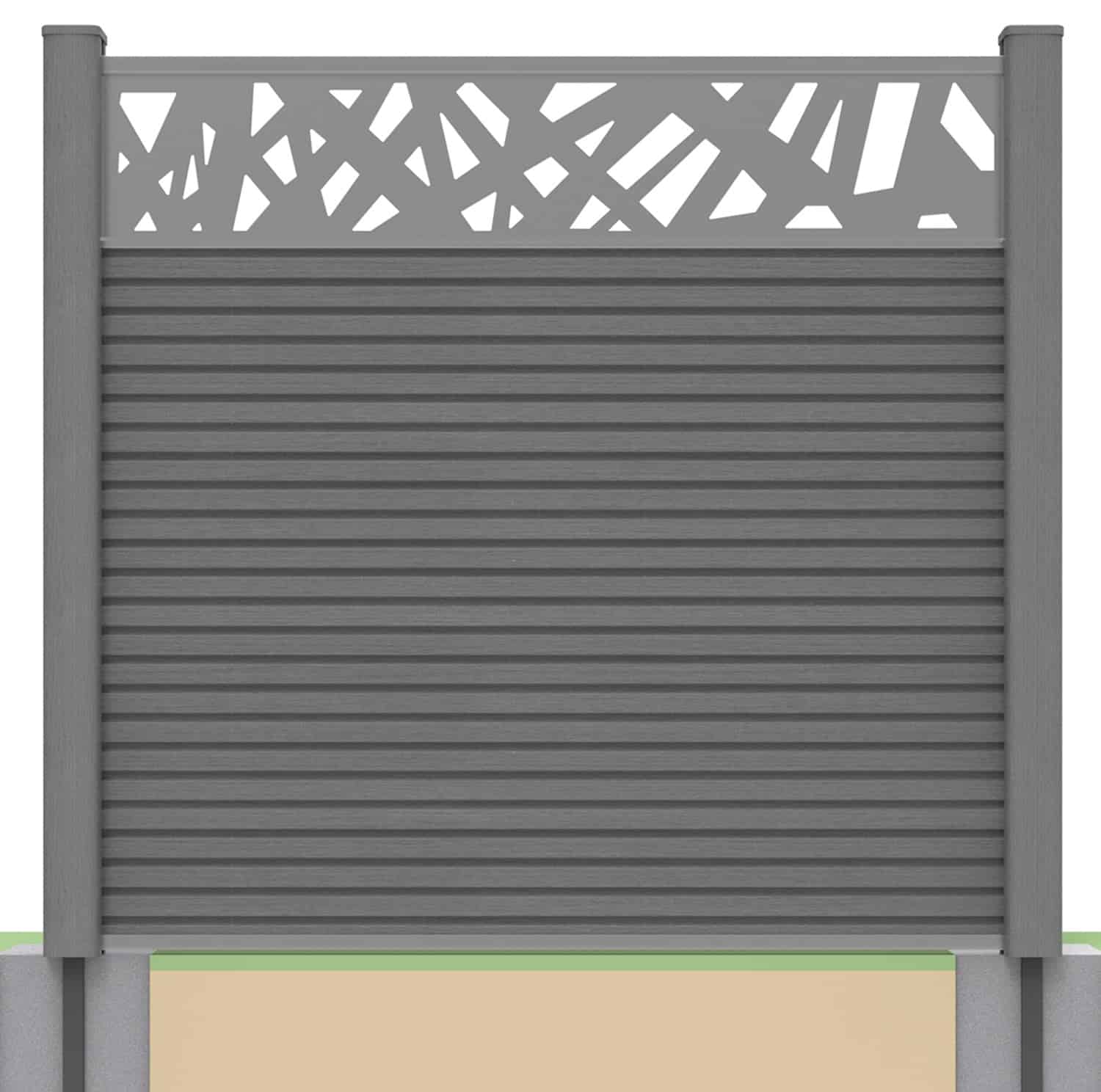 Slatted composite fence panel set - contemporary design in grey with soft ground post inserts