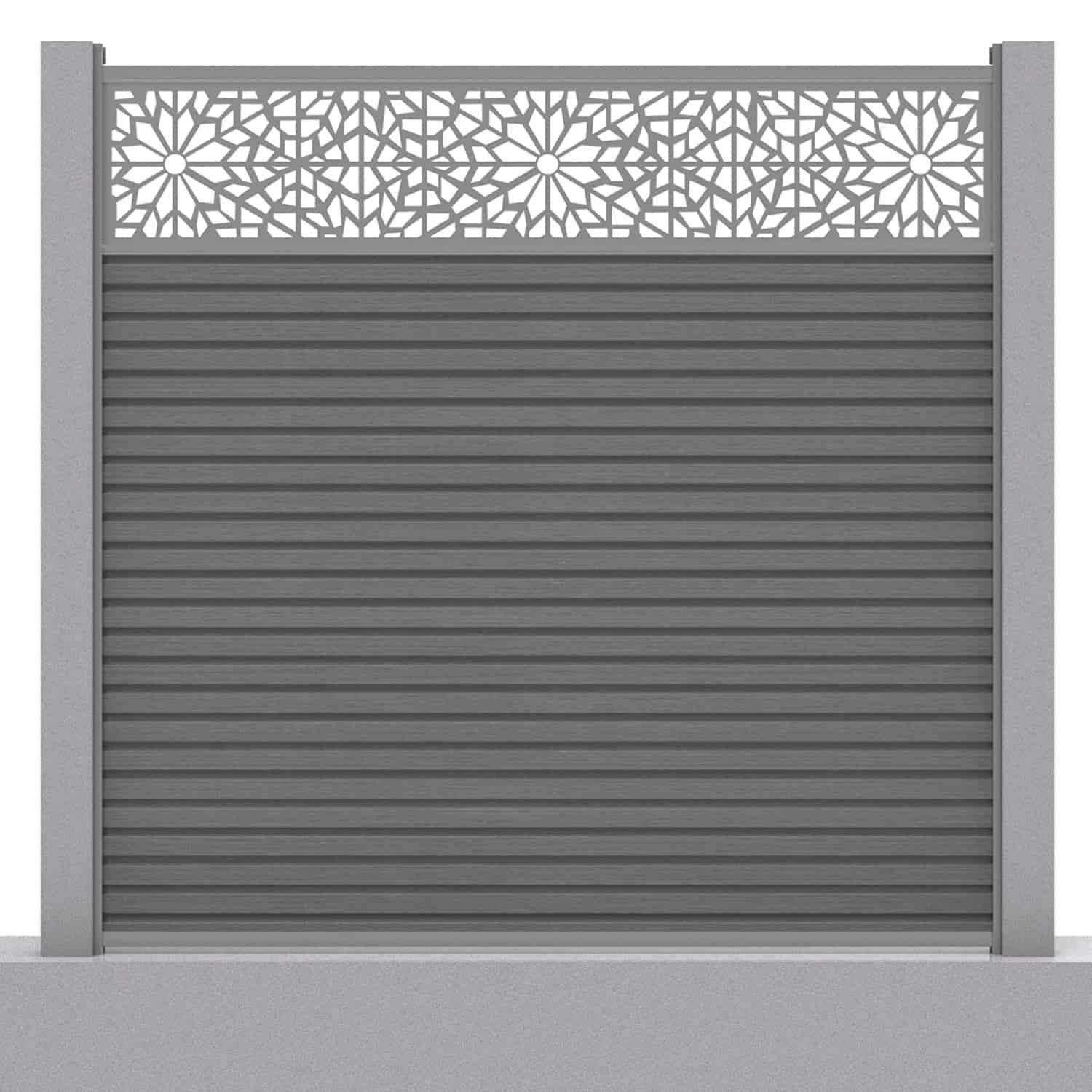 Slatted composite fence panel set - geometric design in grey with concrete post inserts