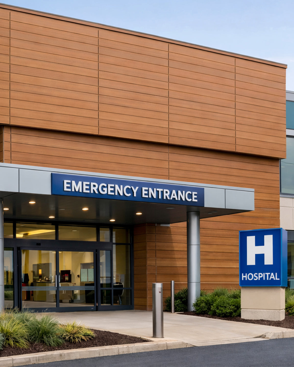 hospital emergency entrance with blue wayfinding signage, H symbol, and contemporary composite cladding facade