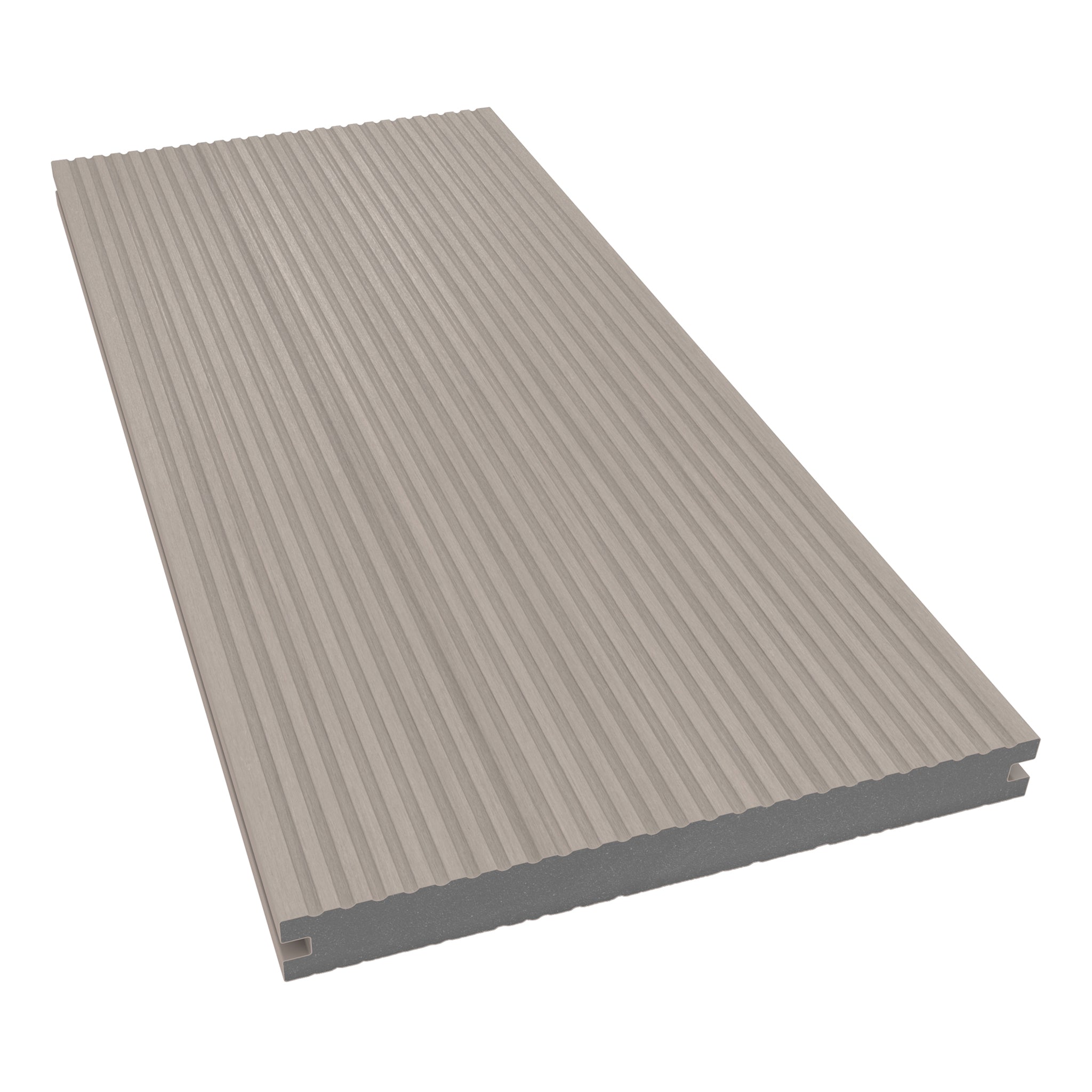 NeoTimber Deluxe Wide Composite Deck Board – Ash White – Angled Close Up - Grooved