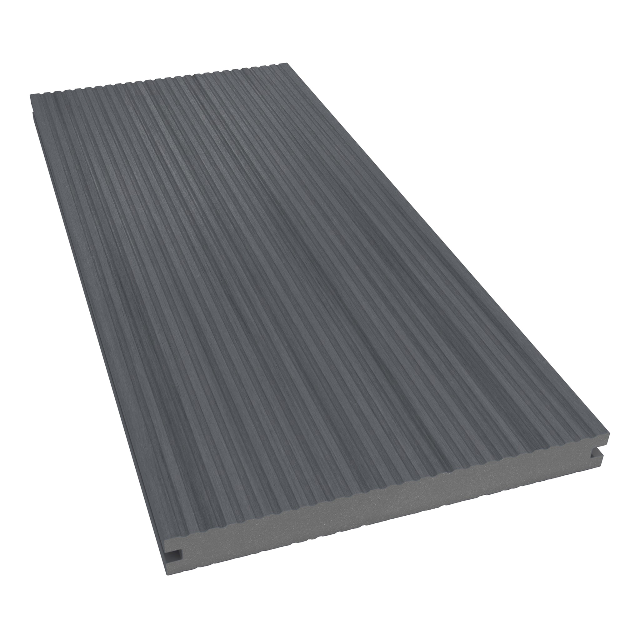 NeoTimber Deluxe Wide Composite Deck Board – Grey  – Angled Close Up - Grooved